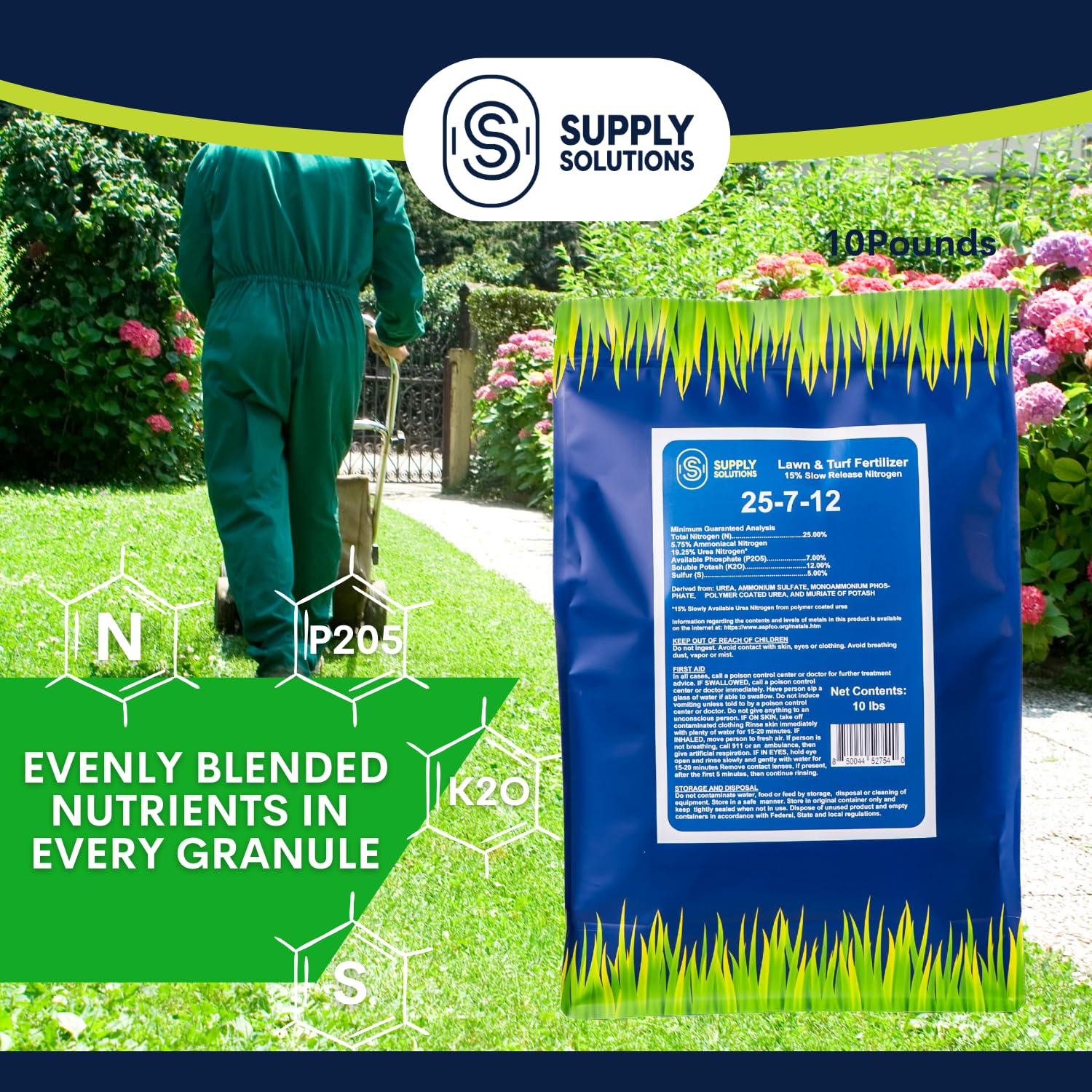 Supply Solutions 25-7-12 Lawn and Turf Fertilizer - 15% Slow Release Nitrogen Lawn Fertilizer for All Grass Types, Shrubs - Turf Builder Plant Food Covers 2,500 sq.ft (10lbs)