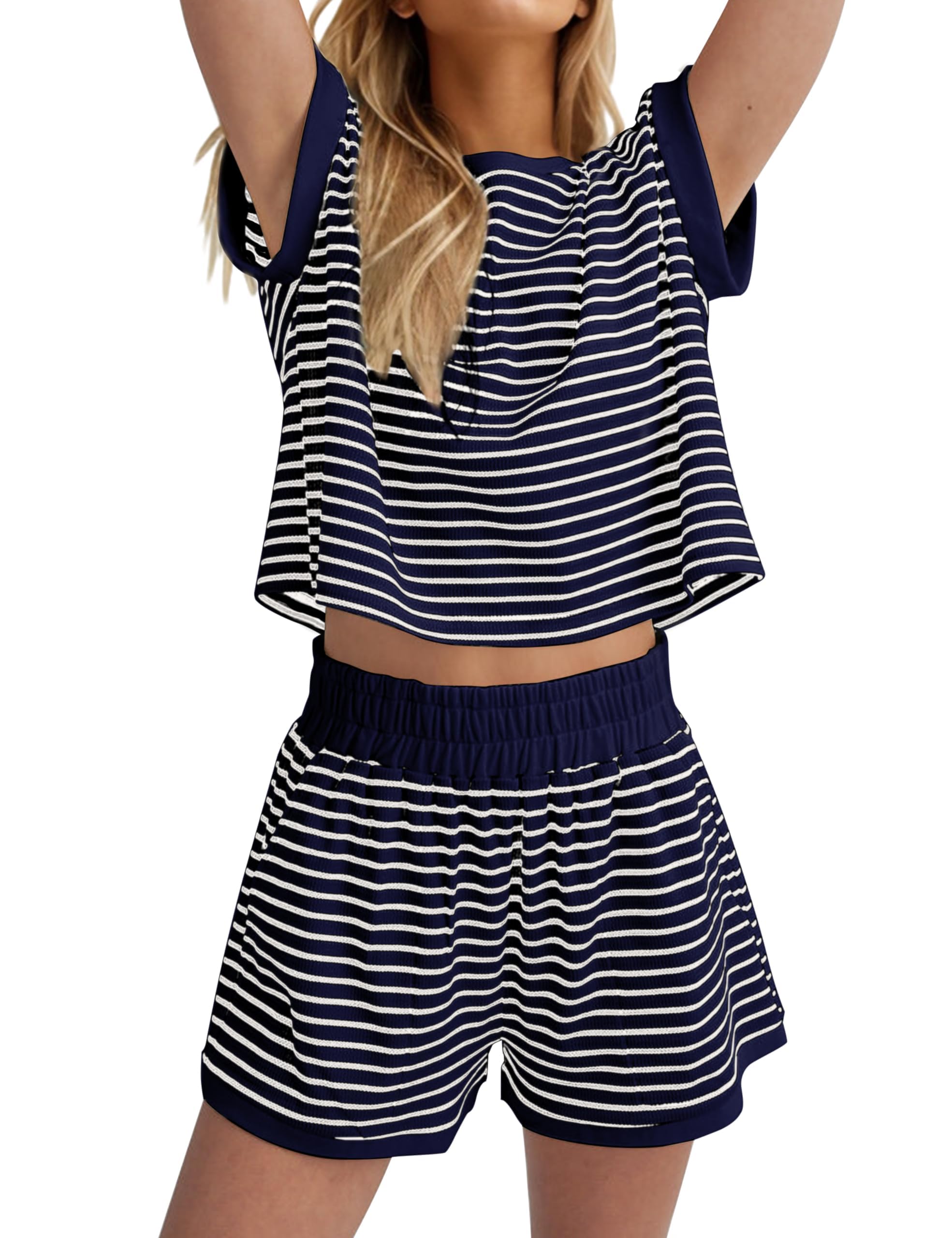 Burtell Women Summer 2 Piece Lounge Sets Striped Short Sleeve Tee Shirts Mini Shorts Loungewear Shorts Set Ribbed Pajama Set