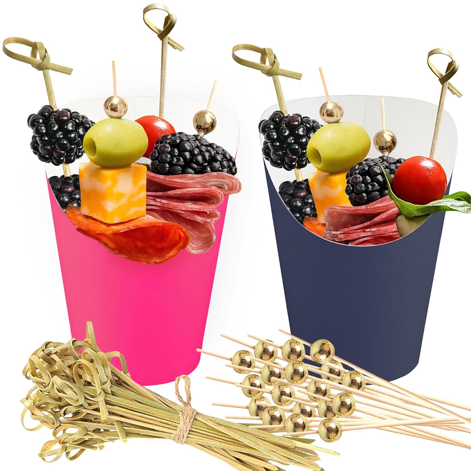 14 oz, 50 Pack of Each Charcuterie Cups: Hot Pink + Navy Blue + 400-pcs Cocktail Picks (2 Types) Bundle