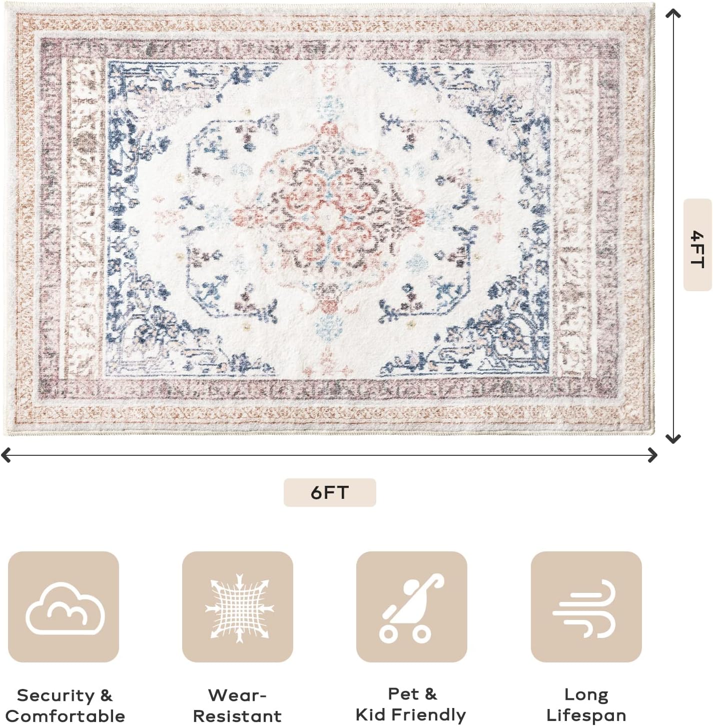 Ashler Area Rugs 4x6 Feet Vintage Boho Rugs for Living Room, Machine Washable Area Rugs with Non-Slip Backing, Indoor Rug Vintage Bohemian Area Rug Home Decor, Beige/Pink/Indigo-Blue