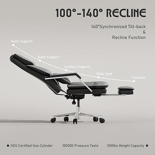 Miniatura 3 de Silla de oficina reclinable, silla de oficina grande y alta con reposapiés, asiento ancho y soporte lumbar para personas pesadas, respaldo alto,