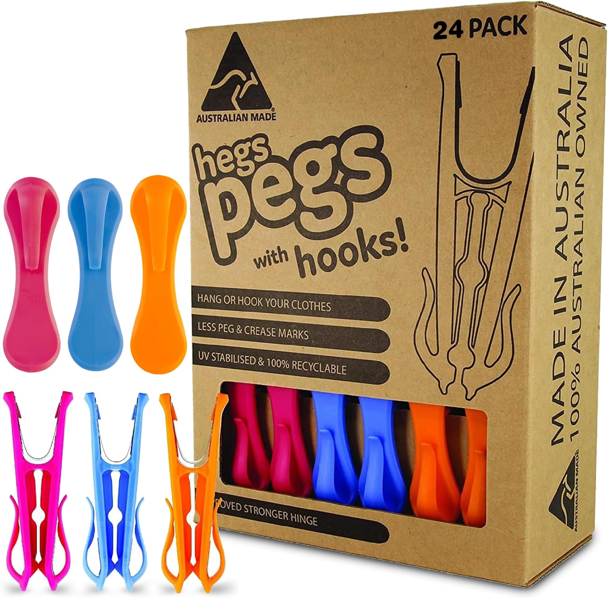 HEGSClothespins with Hooks 24 Pack. Strong Durable. Made to Last. Rust Proof.