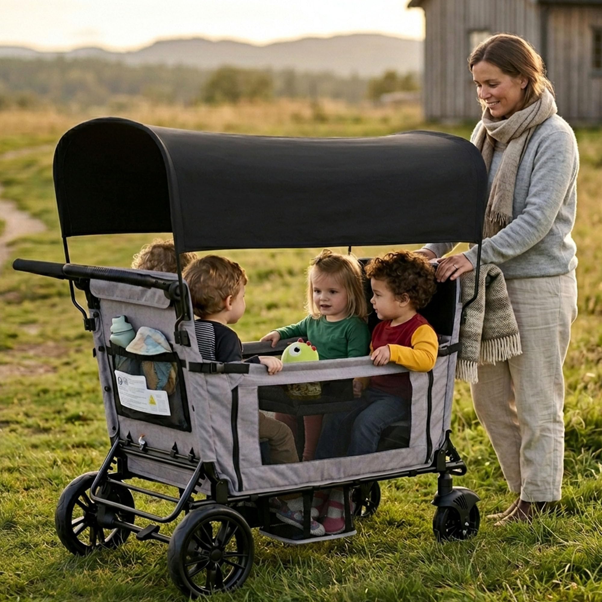 Carretto per bambini con sedile, passeggino pieghevole per 4 bambini, maniglione regolabile in 8 posizioni, capottina parasole e vassoio, ruote in PU per tutti i terreni, tasca laterale,portabevande