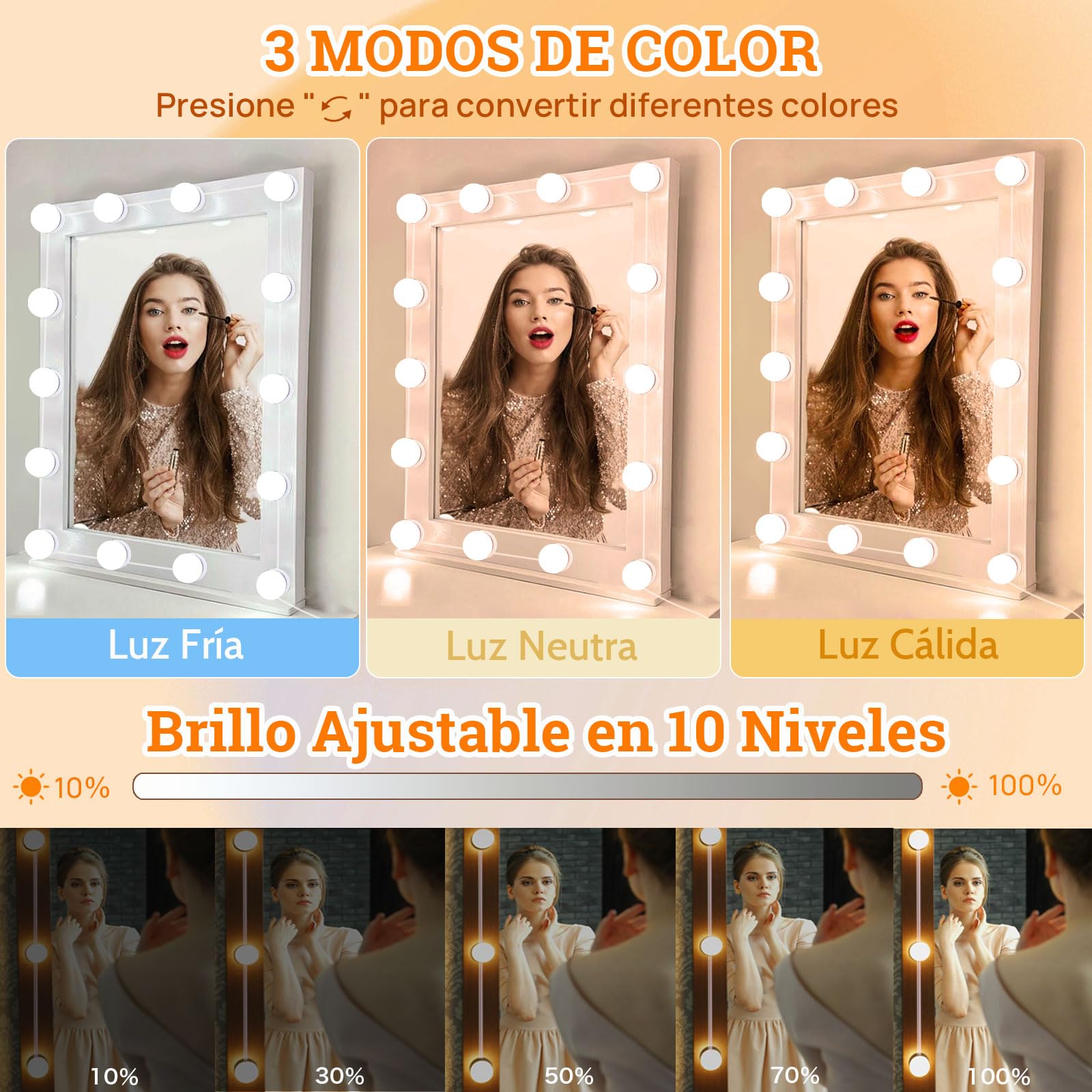 Akynite Lumière de Miroir Kit de 14 Ampoules avec Adaptateur, USB Câble Réglable, 3 Couleurs et 10 Intensités, Miroir LED Hollywood Dimmable, Lampe Coiffeuse Maquillage Make Up Eclairage Adhesif