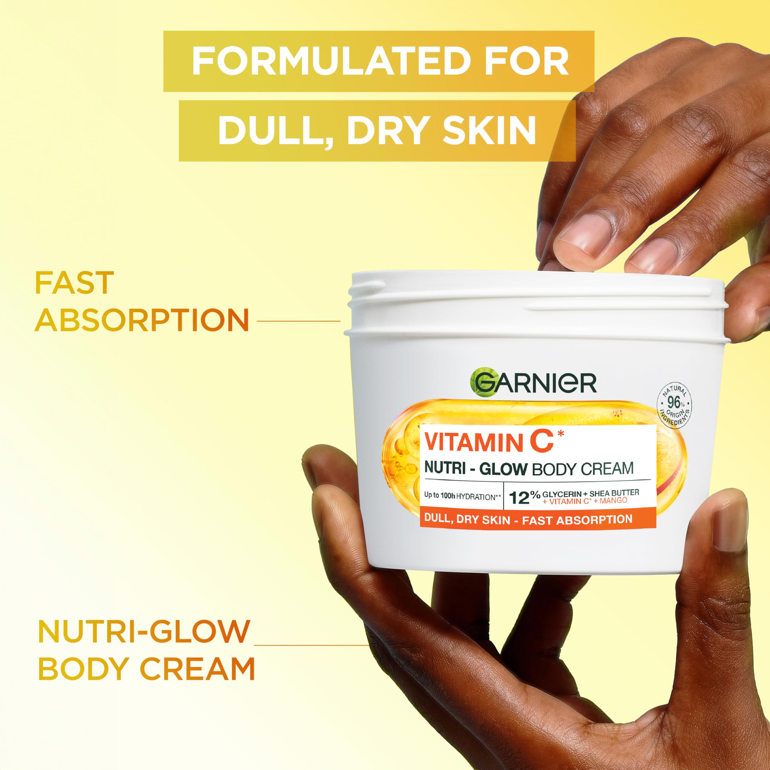 Garnier Garnier Vitamin C* Nutri β Glow Body Cream, for Dry & Dull Skin, Fast absorbing, Vegan Formula, Instant Skin Hydration, Approved by Cruelty Free International, 380ml in use