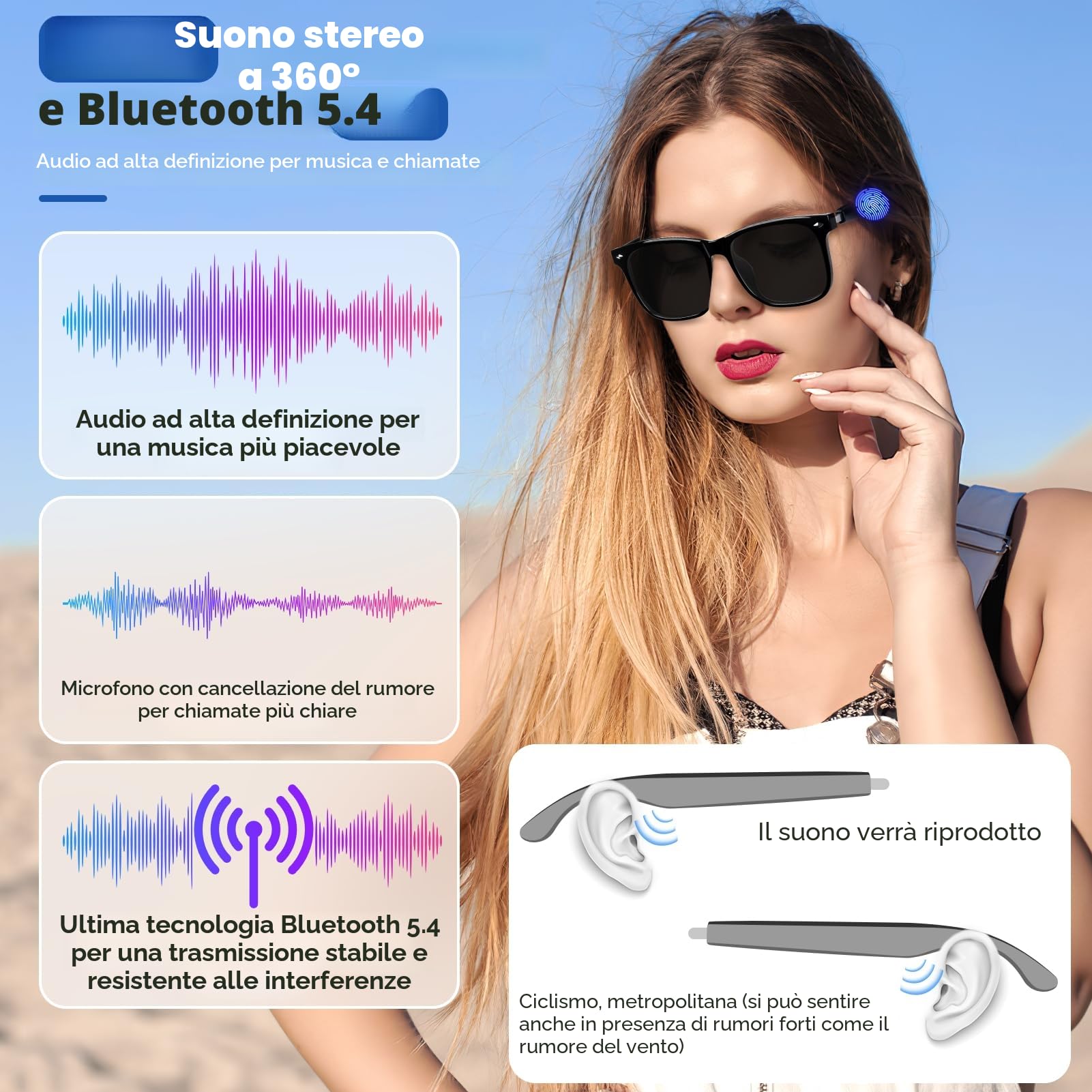 Occhiali intelligenti, occhiali AI Bluetooth con altoparlante 115 lingue traduttore AI, accenti, traduzione in tempo reale, protezione UV lenti polarizzate occhiali per giochi riunioni viaggi