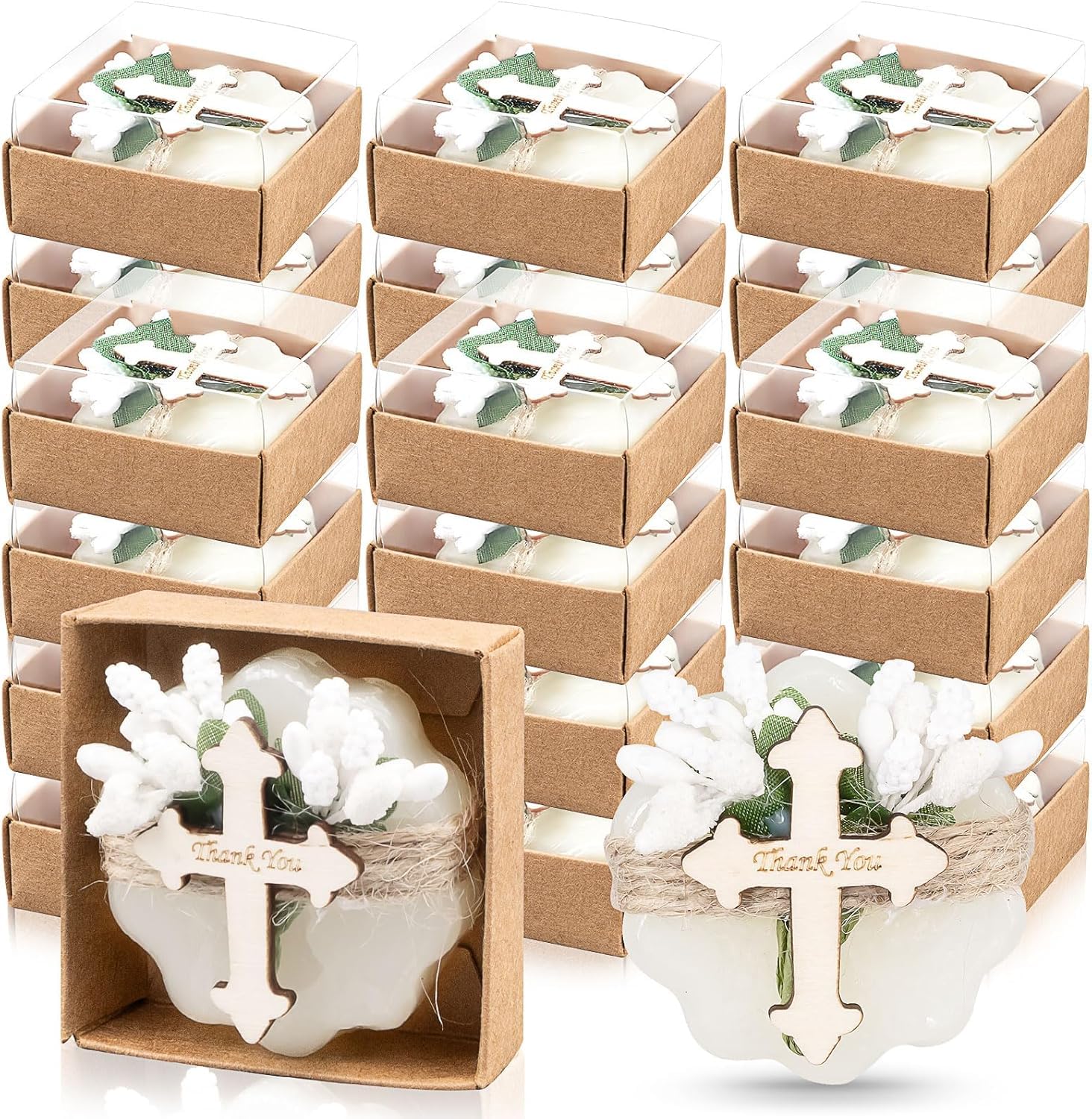 24 Pcs Baptism Favors for Guests Scented Soap Favors First Communion Baby Shower Soap Favors with Dried Flowers Thank You Wood Tags for Boys Girls Baptism Bridal Birthday Gifts