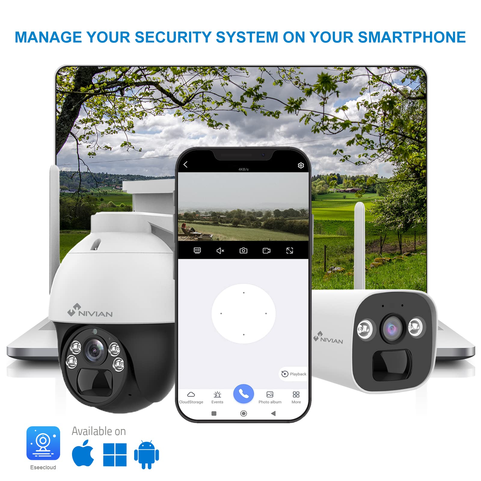 NIVIAN-Cámara vigilancia Bullet 4G(SIM)+Panel Solar 5W-Batería Larga duración 10400mAh-2K-Detección de Movimiento y Humanos-Apta Exterior-Visión Nocturna+Leds-Audio bidireccional-App EseeCloud
