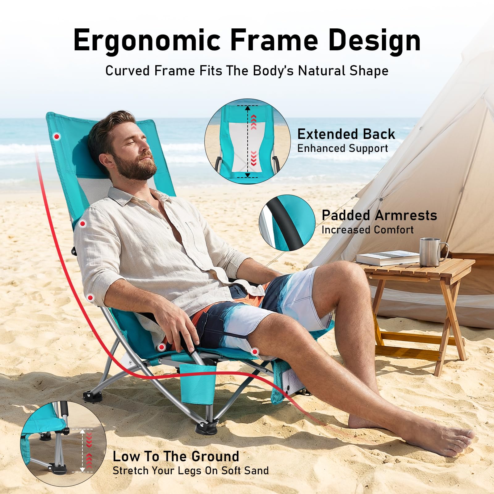 WildFun Chaise de plage pliante, légère et portable, chaise de camping et de pêche avec dossier haut, porte-gobelet, supporte 180 kg pour voyage, extérieur, barbecue, pique-nique, festival (1 pièce