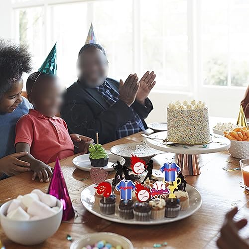 Miniatura 6 de Rsstarxi Paquete de 30 adornos para cupcakes de béisbol con trofeo con purpurina, jugadores de béisbol, pelota deportiva, decoración para temática