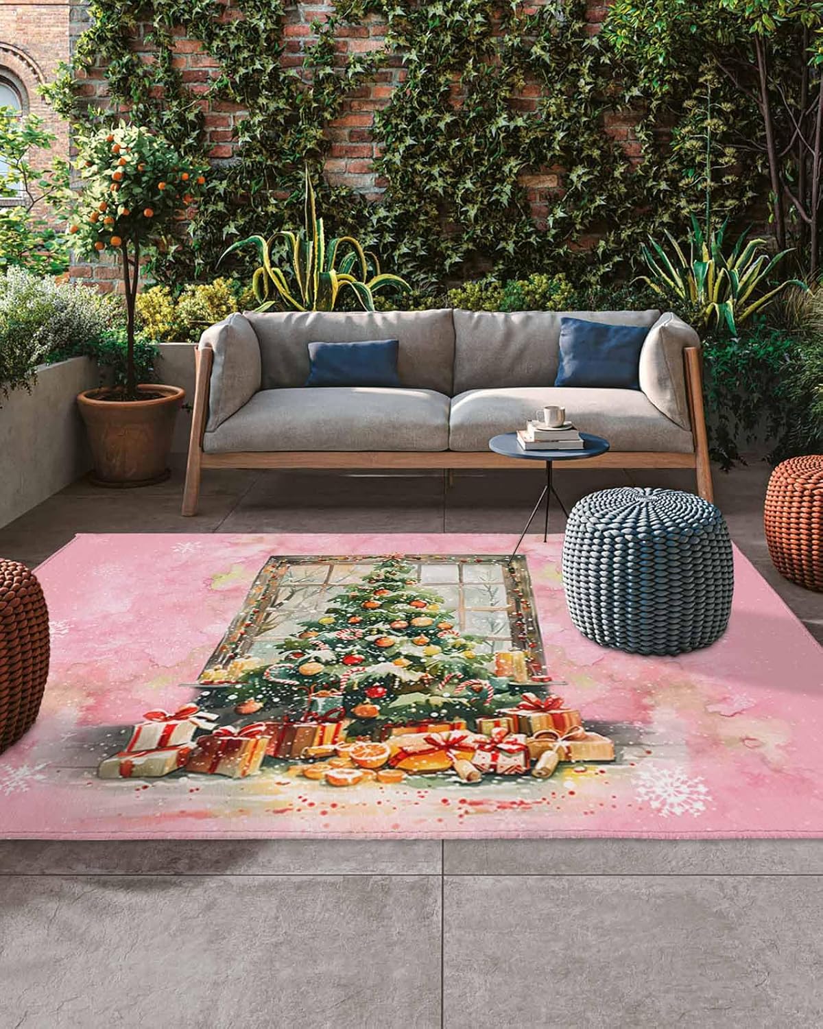 Waterproof Outdoor Rug for Patios,Christmas Tree Window