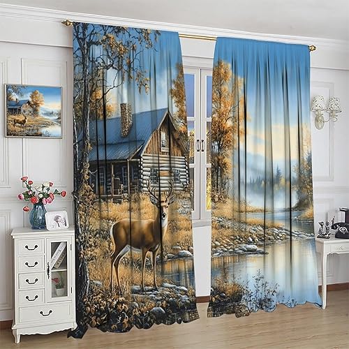 Miniatura 4 de Cortinas de oso de estilo rústico de estilo rural, diseño de oso a cuadros verdes retro, fondo de madera, con bolsillo para barra, cortinas de