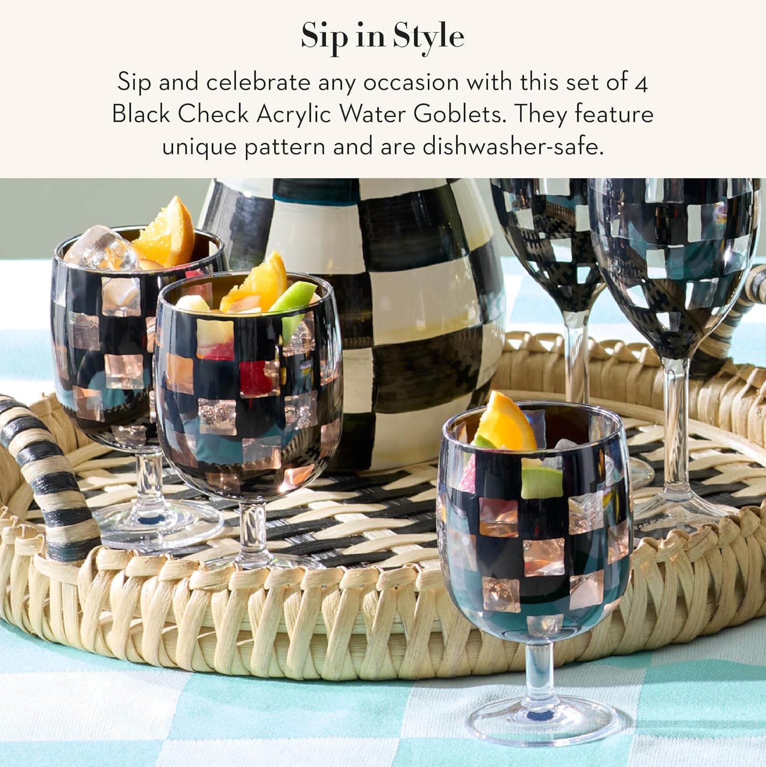 MACKENZIE-CHILDS Set of 4 Acrylic Water Goblets, Stemmed Water Glasses, 13.5 Ounces, Black Check