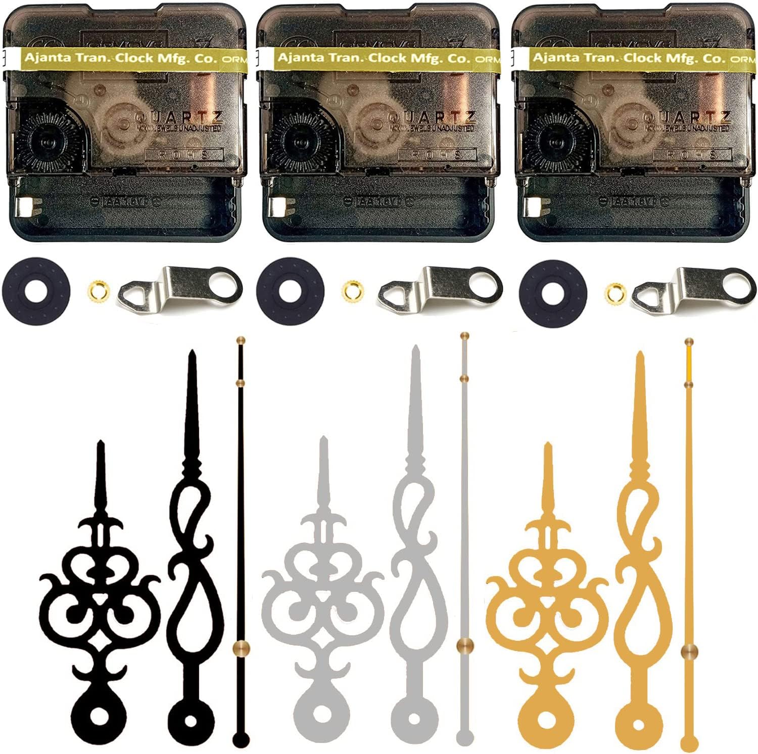 QEWINOX® Combo of Ajanta Mfg. Battery Operated Plastic Ticking Wall Clock Movement Machine with Hands (Made in India 100%) (Gold,Black,Silver) (1 Black,Silver,Gold)