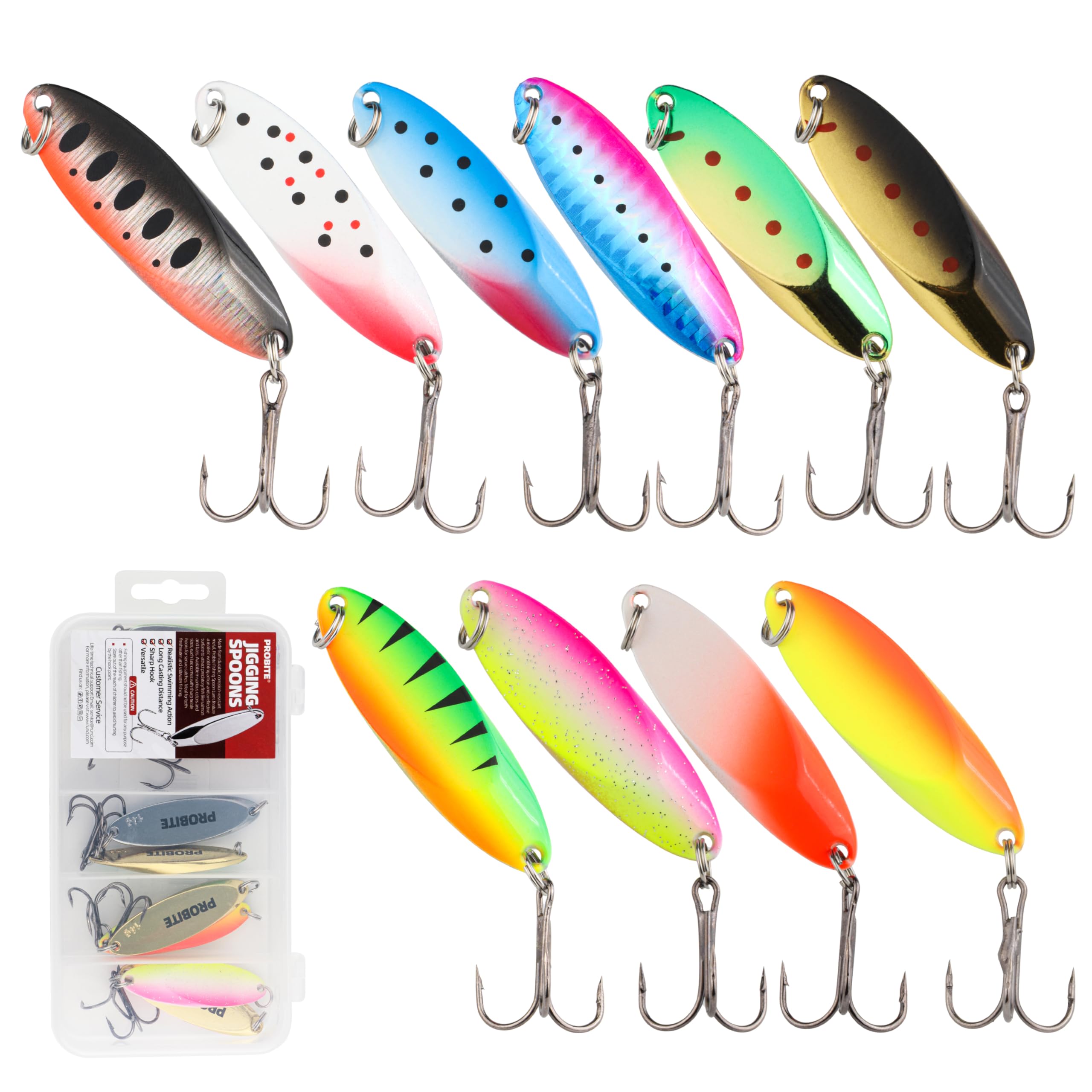 Jigging Spoon Fishing Lures, Slant Cut Metal Spoon with Glow or Feather Tail, High Flash, Sharp Treble Hooks, Precision Wobble for Bass, Trout, Pike & Walleye
