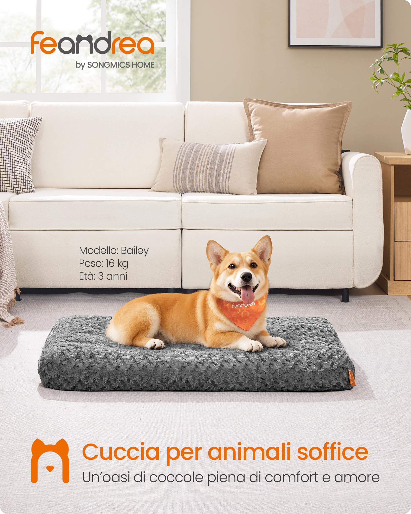 Feandrea Cuccia per Cani, Letto Cuscino per Cani di Media Taglia, L, Morbido Tappetino di Peluche, 95 x 60 cm, Imbottitura Soffice, Lavabile, Antiscivolo, Grigio Ardesia PGW292GN01