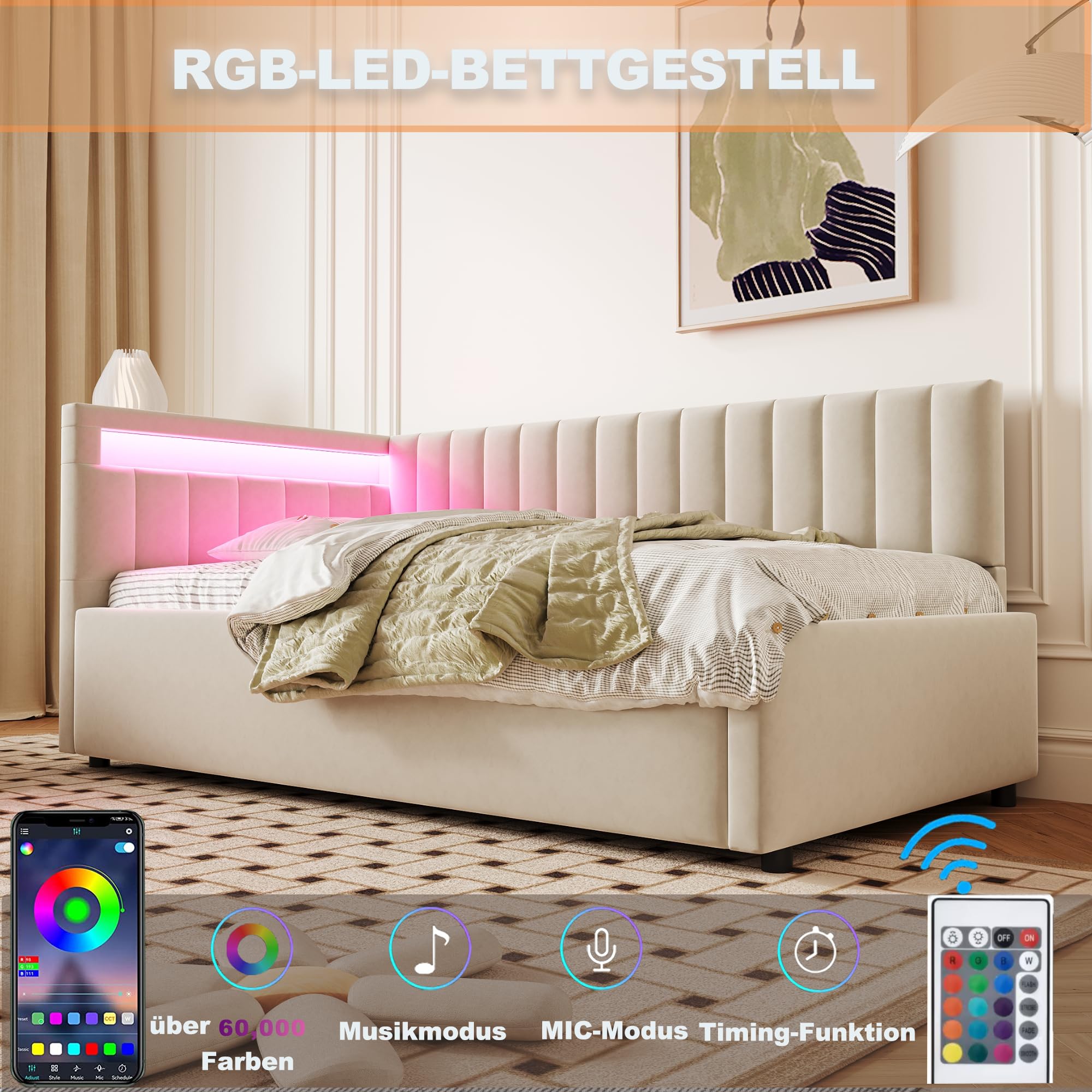 Divano Letto Imbottito 90x200 Cm - Con Luce LED E Contenitore | Tessuto Velluto | Rete A Doghe - Foto 8