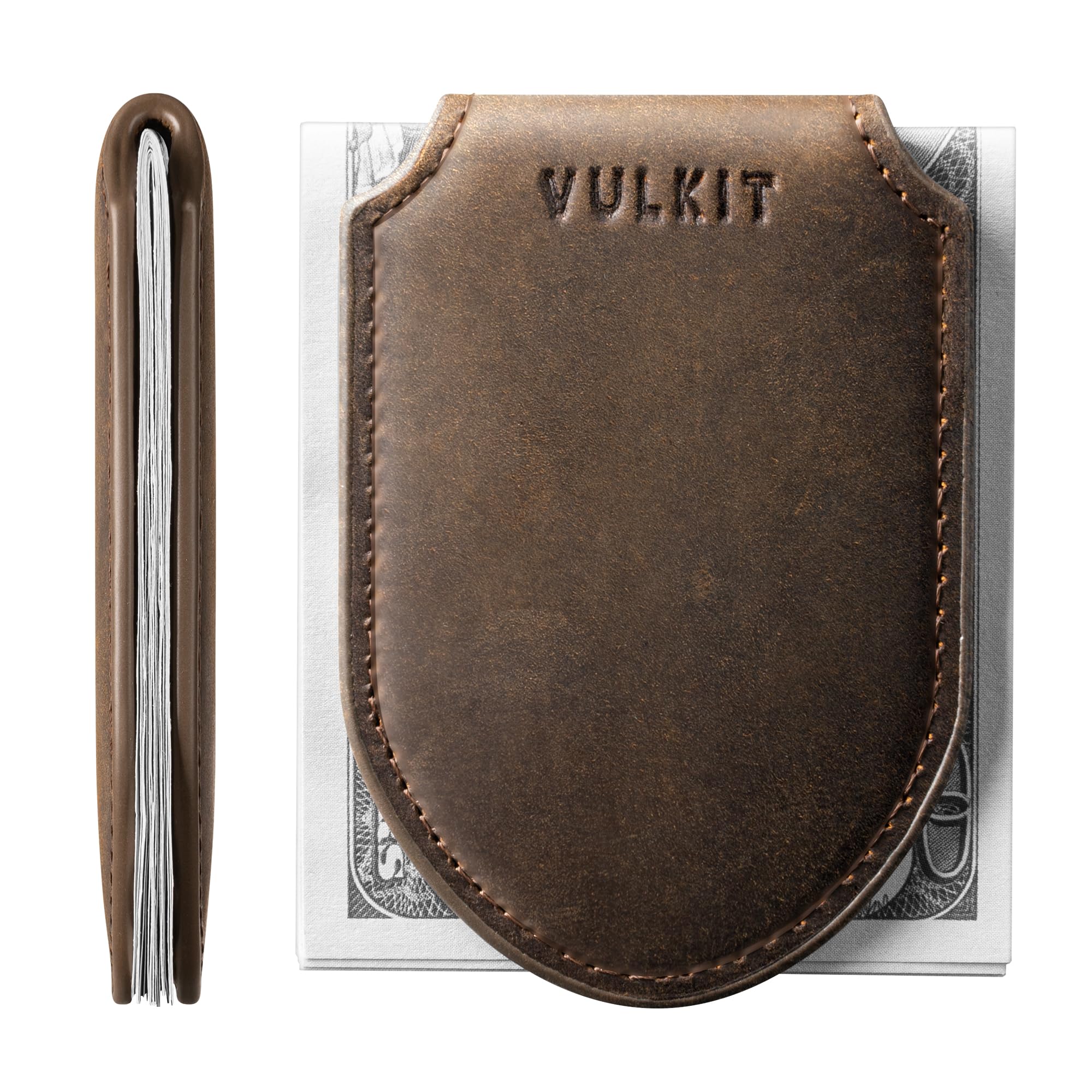 Luxury Money Clip Genuine Leather Magnetic Closure VULKIT Streamline Design Money Clip Wallet, Holds Up to 20 Bills, Handicrafts Cowhide- Espresso, Slim-image-12