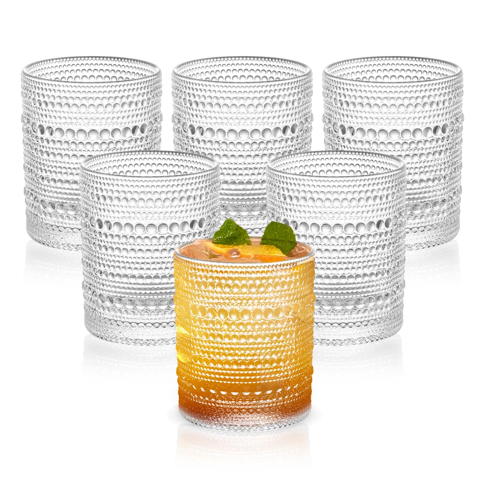 Vintage Dot-Pattern Drinking Glasses Set of 6 – 14.5 oz Clear Short Glass Cups – Embossed Textured Glassware with Anti-Slip Grip, Water Juice Soda