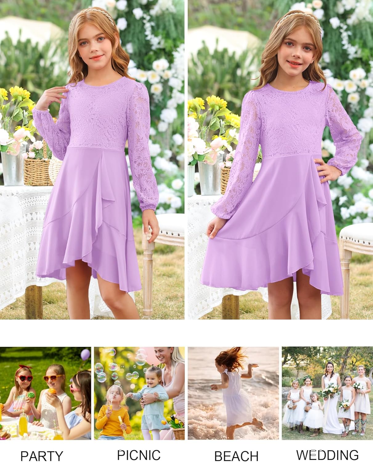 MITILLY Girls Lace Flower Ruffle Dress Long Sleeve Chiffon A Line High Low Junior Bridesmaid Dresses for Wedding Party New - Image 5