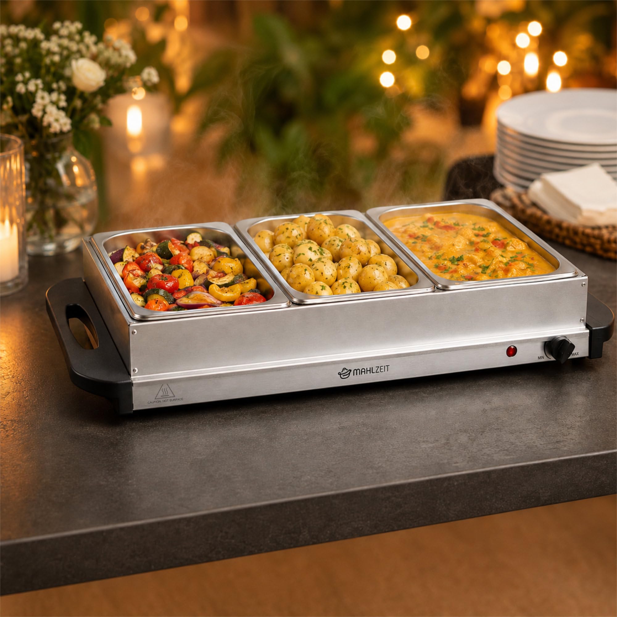 Mahlzeit Podgrzewacz bufetowy 2 w 1 | 300 W, 220-240 V | podgrzewacz do potraw ze stali nierdzewnej z 3 pojemnikami na żywność 2,5 l | elektryczny podgrzewacz do potraw Chafing Dish, płyta utrzymująca