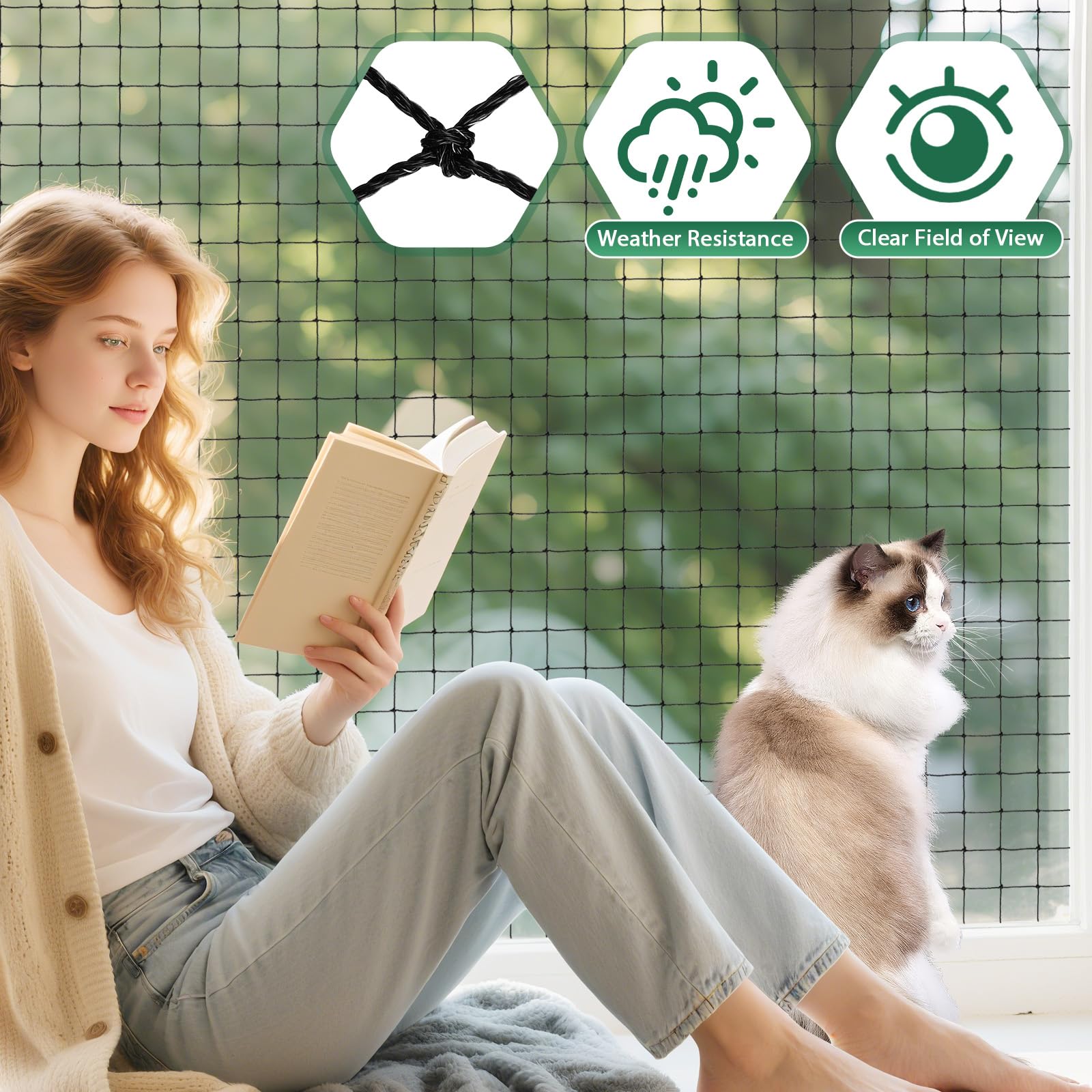3x4m Rete Balcone per Gatti, Rete per Gatti Rinforzata con Filo Metallico, Rete per Gatti per Balconi, Finestre, con 4 Colorati Giocattoli Primaverili per Gatti