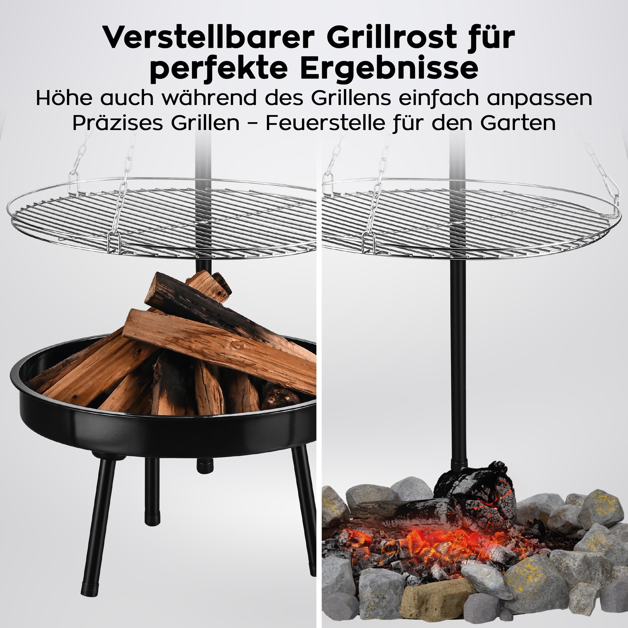 Gregman Roast 30 Holzkohlegrill 2in1 mit höhenverstellbarem Grillrost | Schwenkgrill mit Feuerschale - Dreibein für Feuerschale - faltbarer Gartengrill für Terrasse und Camping - Schwarz
