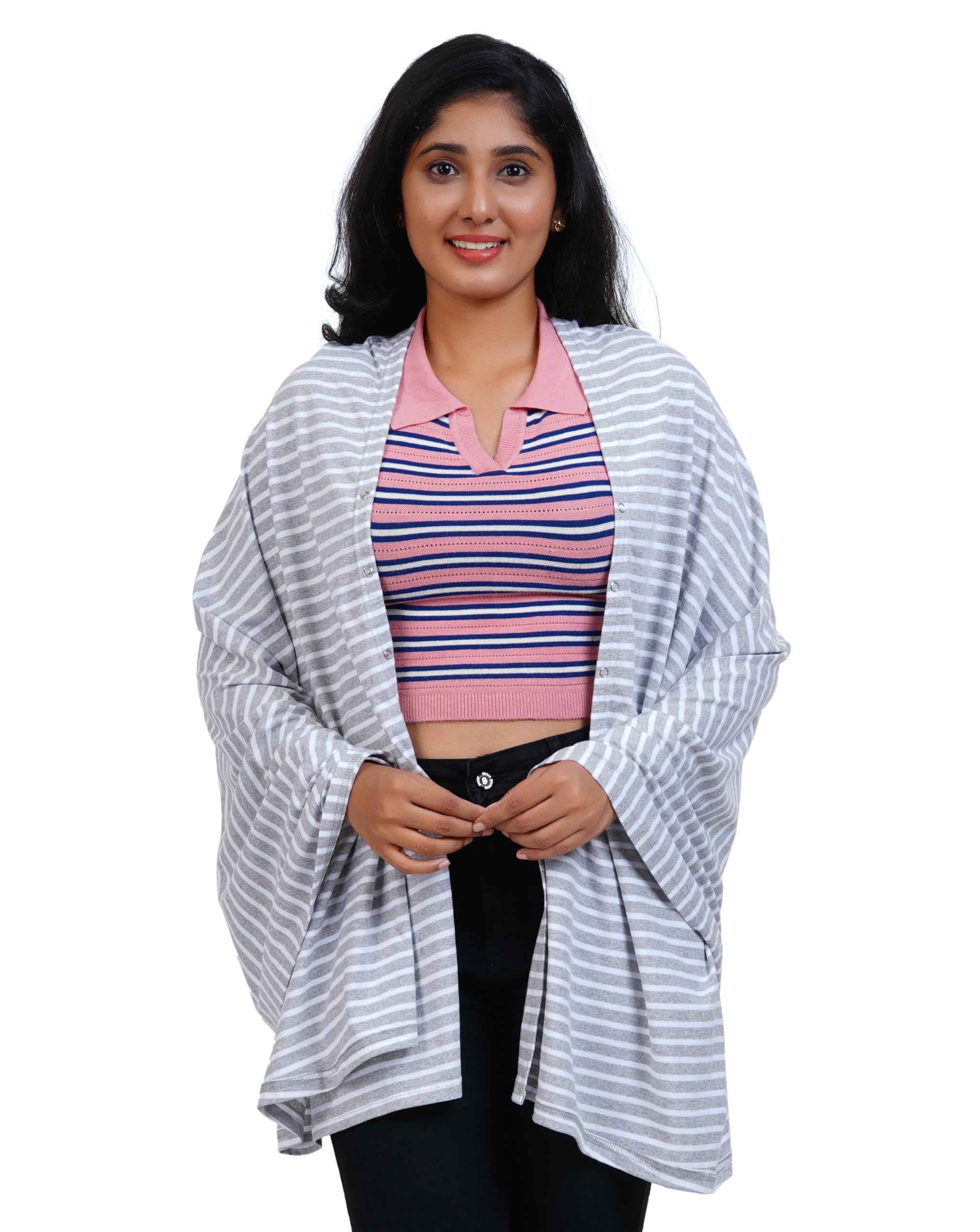 Kowsi Soft Mother's Nursing & Feeding Shawl Feeding Cloak (Stripes) (Grey Melange) - Image 3 thumbnail