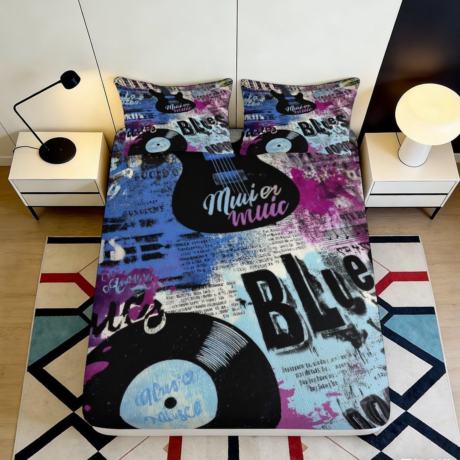 3D Printed Graffiti Guitar Fitted Sheet Microfiber Soft Breathable Vinyl Record Mattress Cover for Bedroom Dorm 120x200x25cm