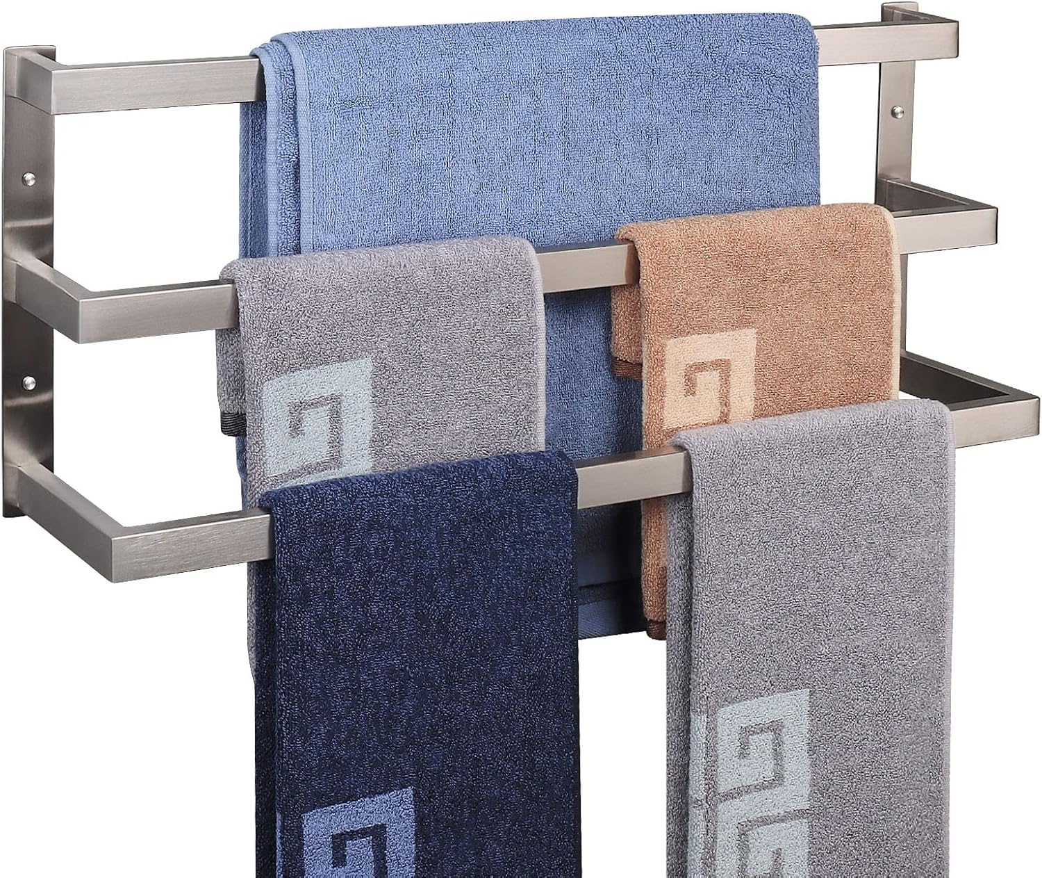 NearMoon Bathroom Towel Bar, Towel Rod Holder, Square Shelf Rack Hanging Towel for Bath, Thicken SUS304 Stainless Steel Towel Rack Wall Mounted-3-Tier Bath Accessories (24 Inch, Brushed Nickel) Brushed Nickel 3 Tier