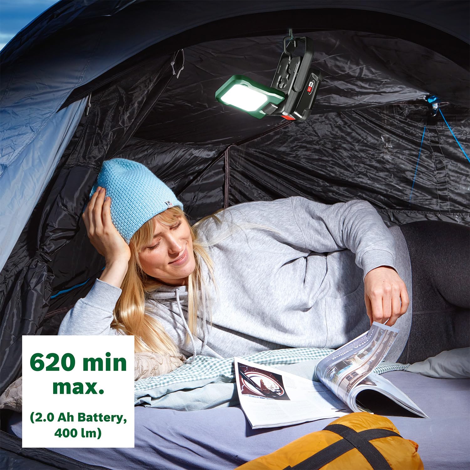 Bosch akumulatorowa lampa LED/kempingowa EasySpotLight 18V-400 (światło ciepłe/zimne, 3 ustawienia jasności, składana/obrotowa głowica: 360°/180°, system 18V, powerbank USB-C®, bez akumulatora)