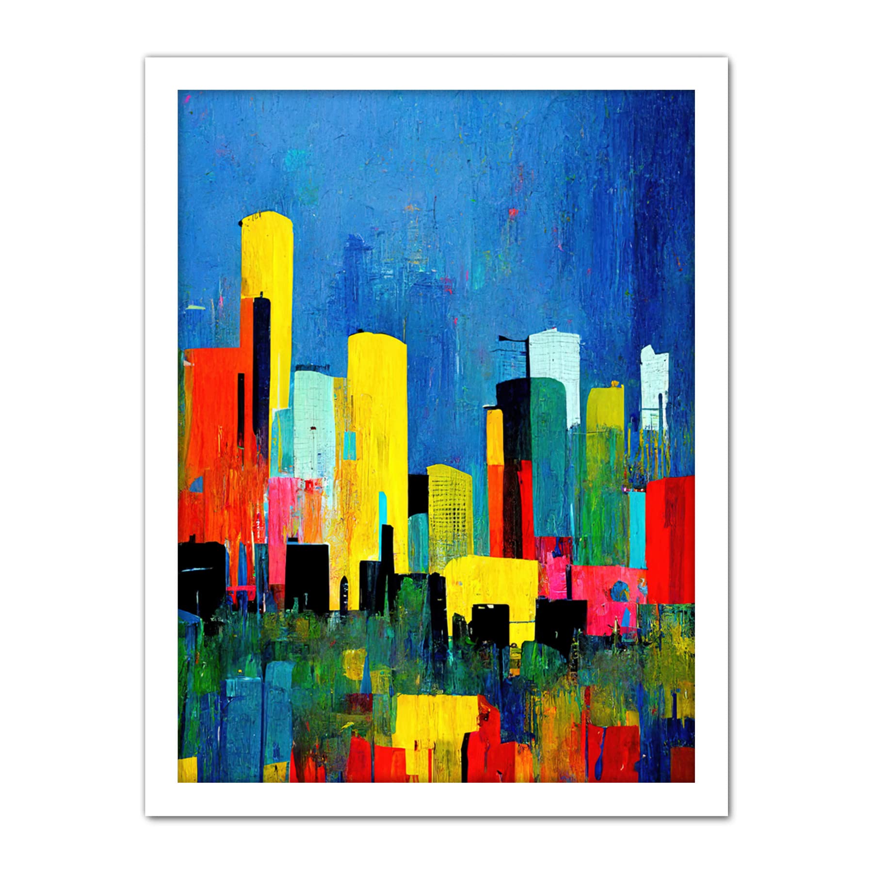 Wee Blue Coo Abstract Bright Midcentury Style Colourful Cityscape Skyline Painting Blue Red Yellow Teal Artwork Framed Wall Art Print 18X24 Inch
