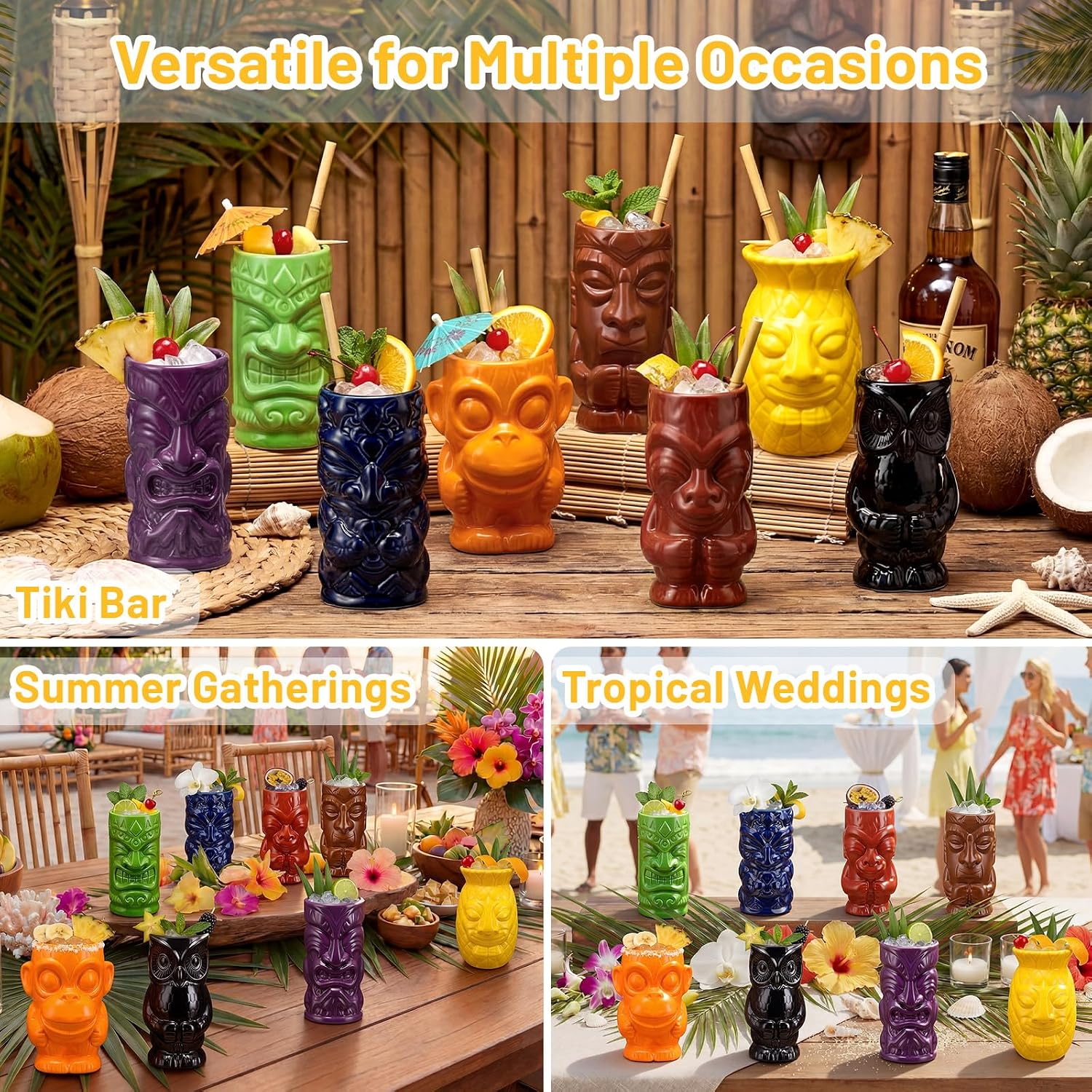 Yungyan 8 Pcs Ceramic Tiki Mugs for Cocktails Tiki Cups for Party Hawaiian Cups Tropical Drinkware for Luau Exotic Party Barware Home Bar Decoration (Mixed Styles)