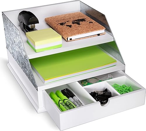 MissionMax White Country Steel Farmhouse - Organizador de escritorio rústico con dos estantes para papel correo archivos revistas y un cajón para