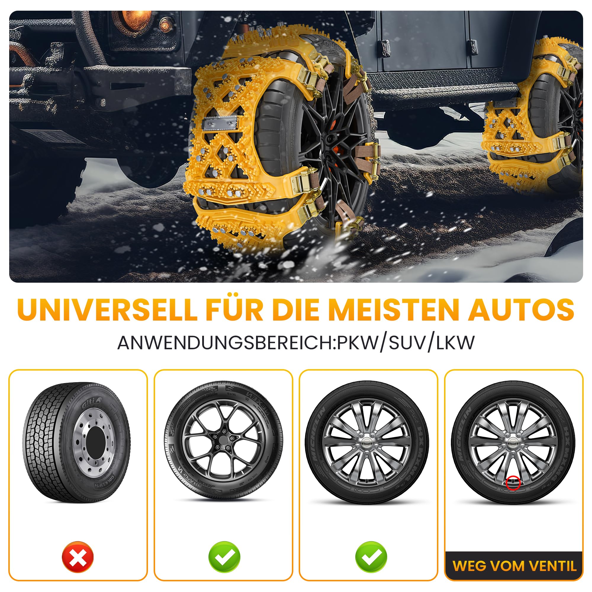 Universal Schneeketten für Auto & SUV - 6 Stück Anti-Schneeketten für Eis, Schnee & Matsch (Reifenbreite 165-265mm/6.5-10.4'')