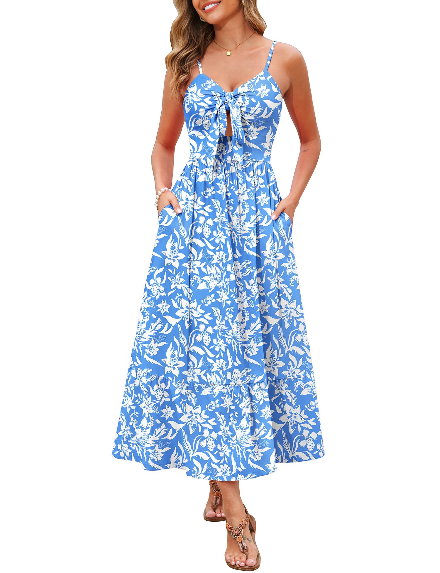 Kranda Women 2026 Summer Sundress High Waist Tie Front Spaghetti Strap Long Beach Floral Tiered Maxi Dress with Pockets