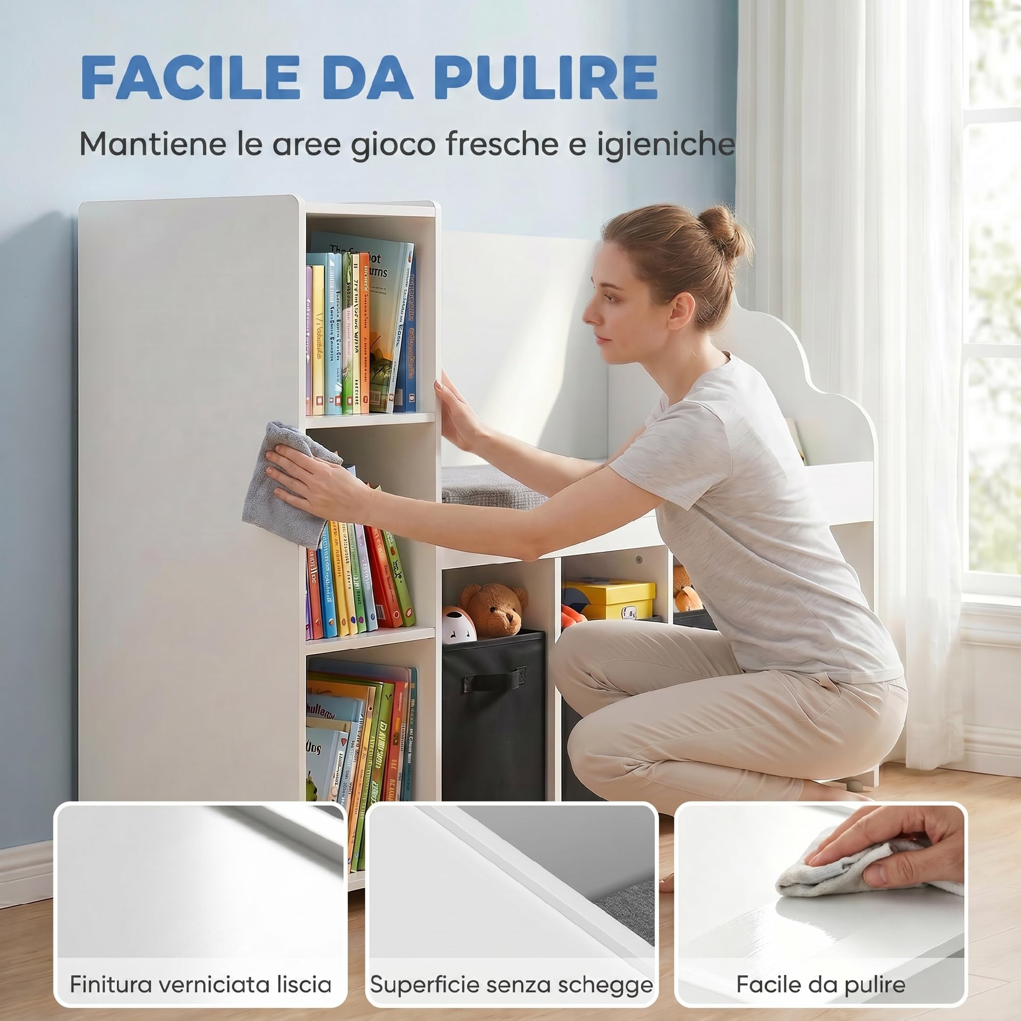 AIYAPLAY Scaffale Portagiochi Bambini, Libreria Montessoriana per Bambini in Legno 3-8 Anni con Libreria a 3 Livelli, 3 Cassetti in Tessuto, 4 Scomparti, Cuscino, per Cameretta, 137x40x80cm, Bianco