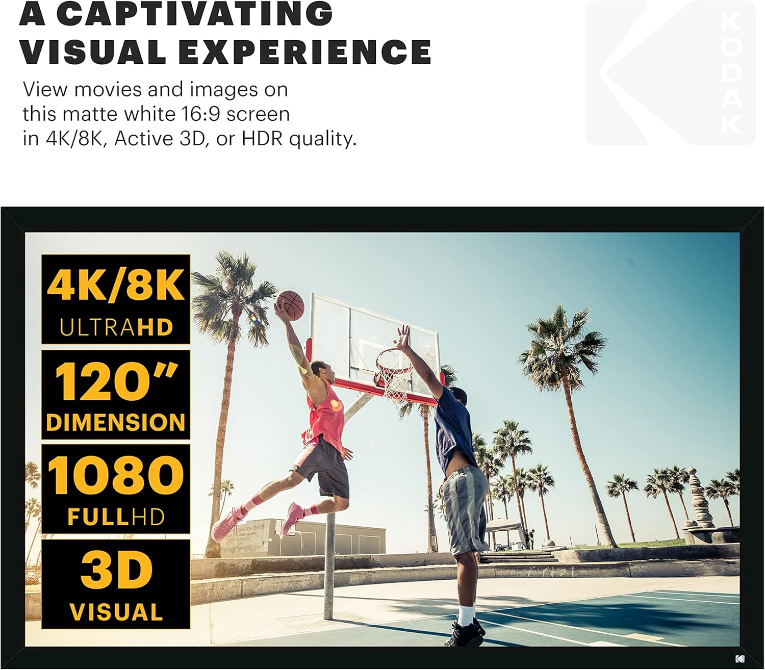 KODAK Projector Screen | 120” Fixed Frame Home Projection Screen with Black Velvet Frame, Durable PVC & Wall Mount Kit | 160° View Angle, 16:9, 1.1, Full HD 4K 8K & Active 3D Ready for Movies & Gaming