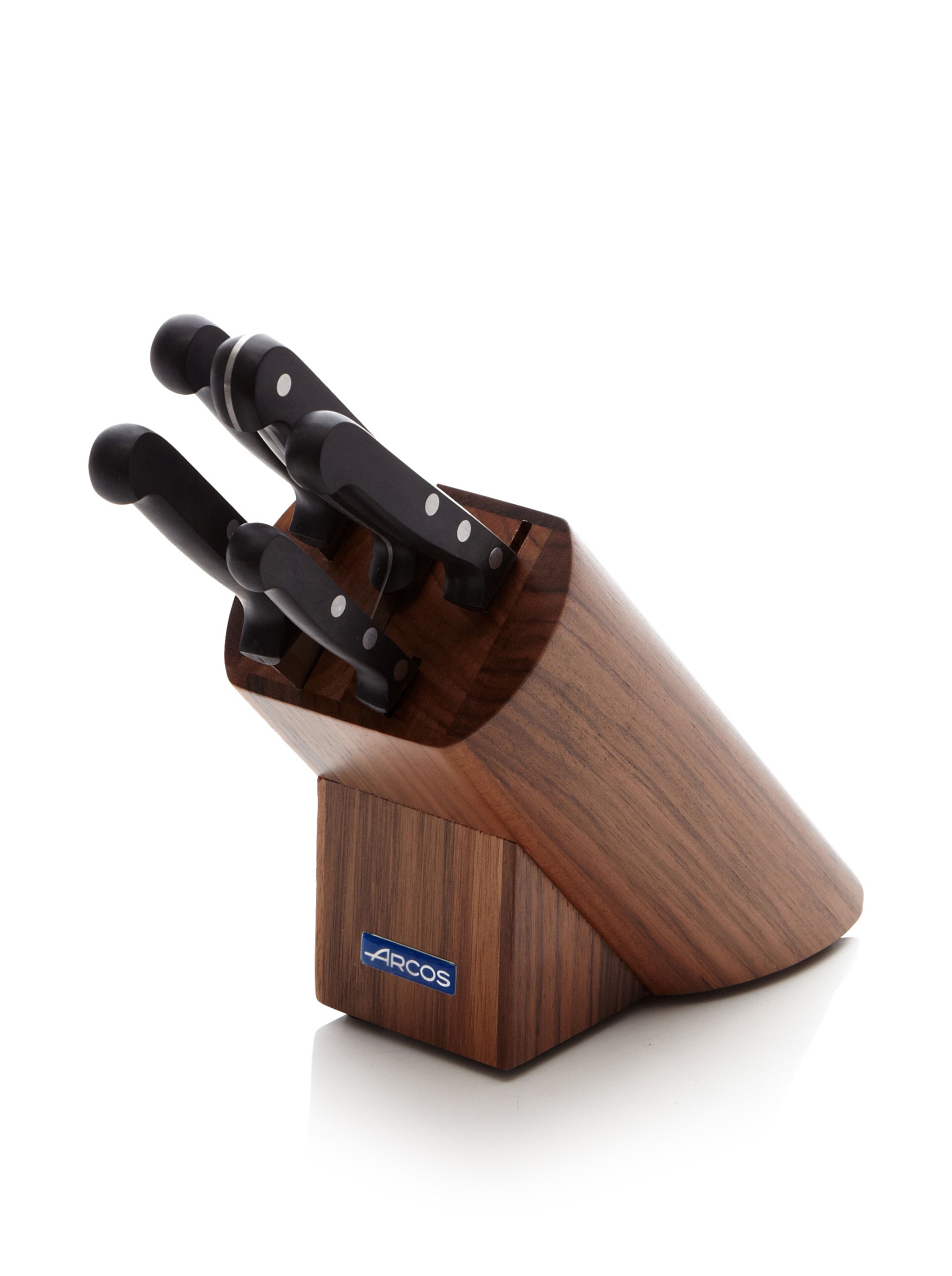 ARCOS Zestaw noży 5 elementowy. stal nierdzewna Nitrum. większa moc cięcia. 2950 gr. blok z sosnowego drewna. Ergonomiczna rękojeść z POM. Seria Uniwersalna. Większa kontrola. Kolor czarny.