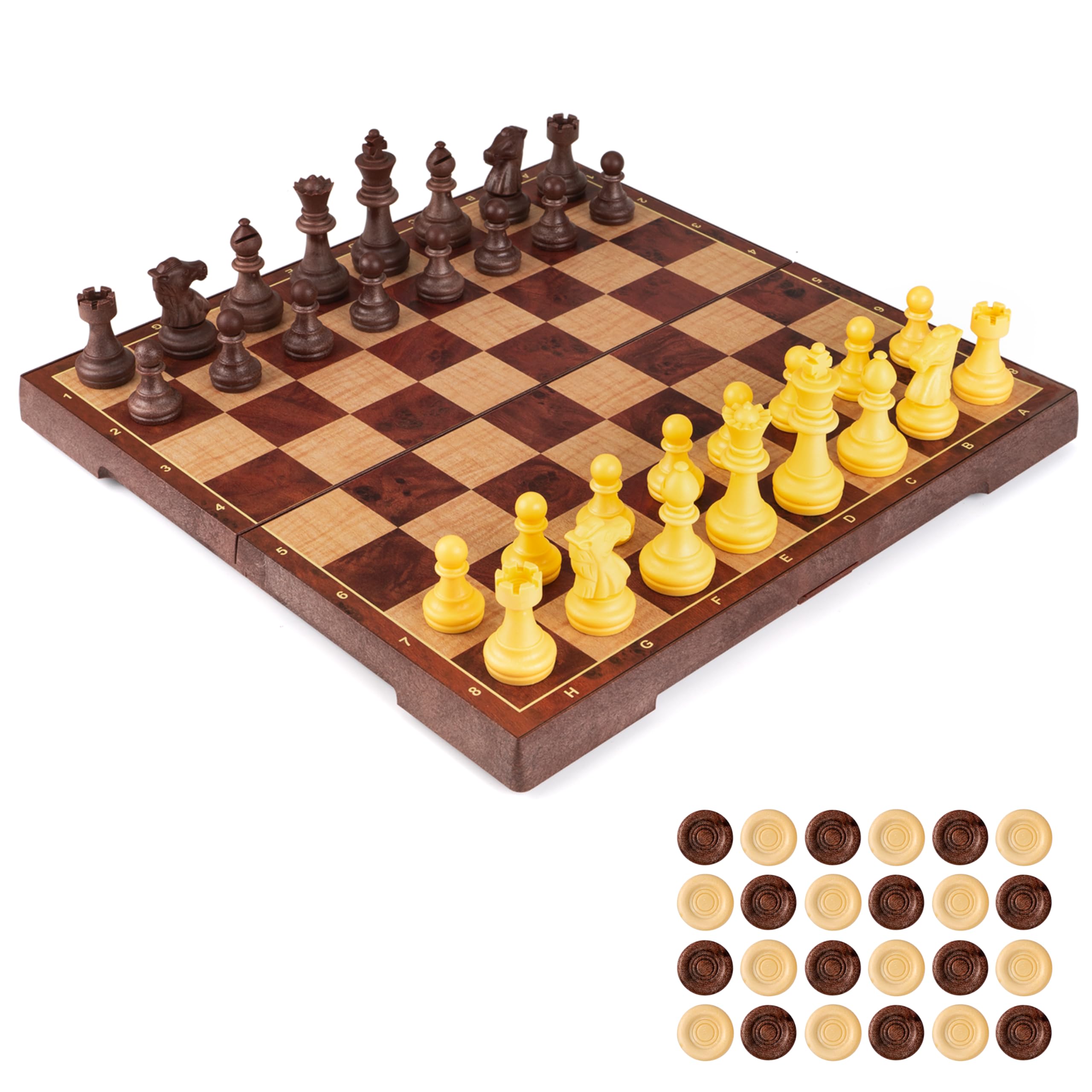 UNEEDE Zestaw magnetycznych szachów 31,2 cm x 31,2 cm, drewniany kolor, 2 w 1 szachy i warcaby, zestaw gier z przenośną, składaną planszą, zestawy szachowe dla dzieci i dorosłych