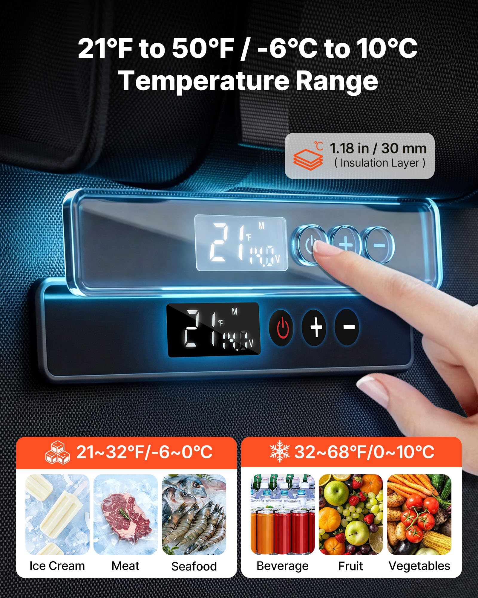 VEVOR Nevera Portátil para Coche 13 L, Zona Única, Refrigerador para Coche con Compresor 12/24 V CC, Temperatura Ajustable de -6 °C a 10 °C, para Camiones, Furgonetas, Autocaravanas, Camping, Viajes