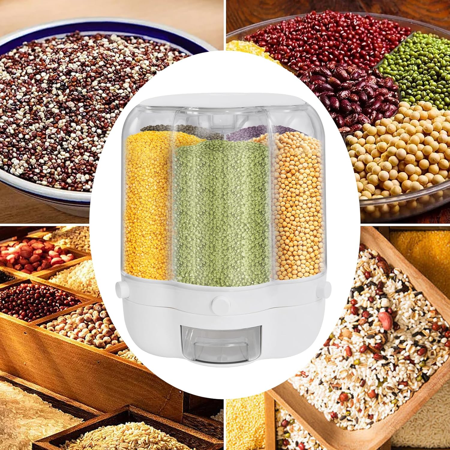 Grain Storage Container Dispenser, 6 Grids rice dispenser rotating, 360° rotating food dispenser One-Click Output rice Storage Round Grain Dispenser Kitchen (White Large 1.53kg)
