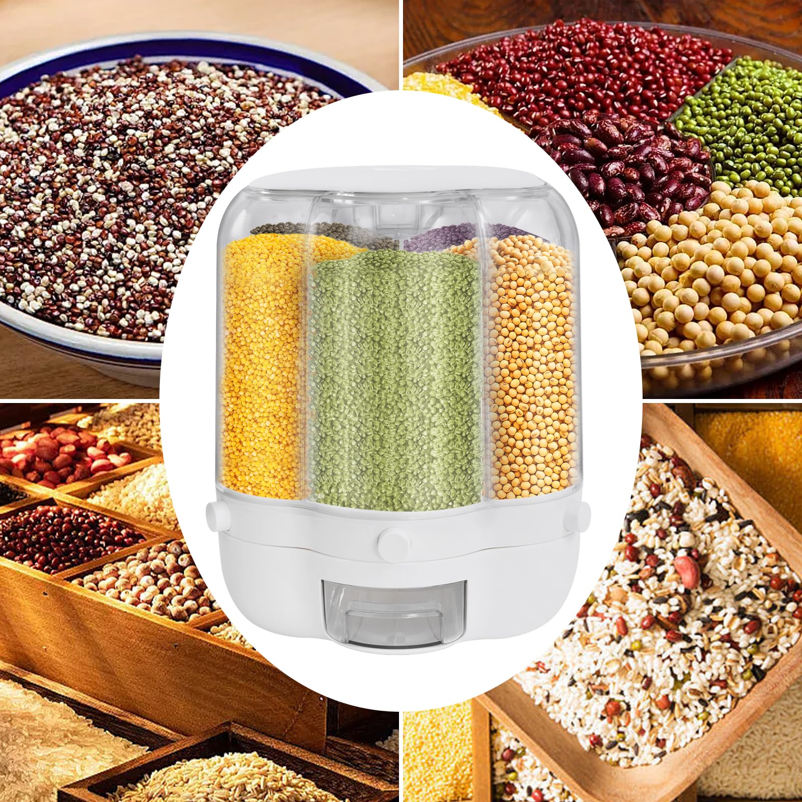 6 In 1 Rotierender Getreidespender Reisspender 360° drehbarer transparenter Getreidebehälter versiegelte Aufbewahrungsbox für Reis Soja und Roten Bohnen (12.5kg)