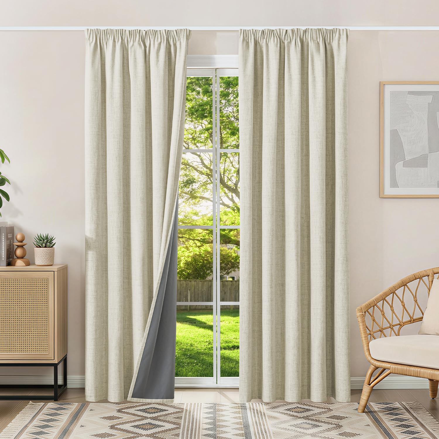 Runyéla 100% Blackout Curtains Pencil Pleat Linen Curtain for Bedroom Living Room Thermal Insulated 66 x 54 Inch Drop 2 Panels Light Beige
