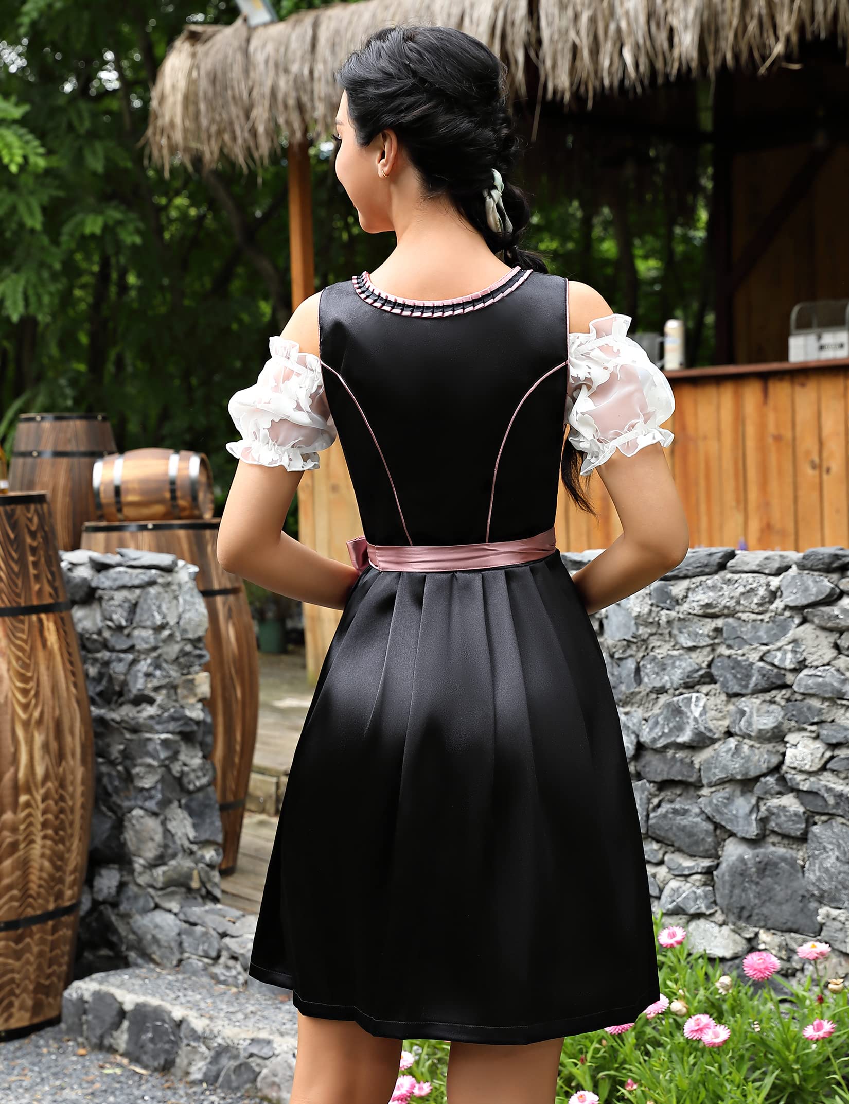 KOJOOIN Trachtenkleid Damen Dirndl Kurz Midi 3tlg. für Oktoberfest-DREI Teilig: Kleid, Bluse, Schürze