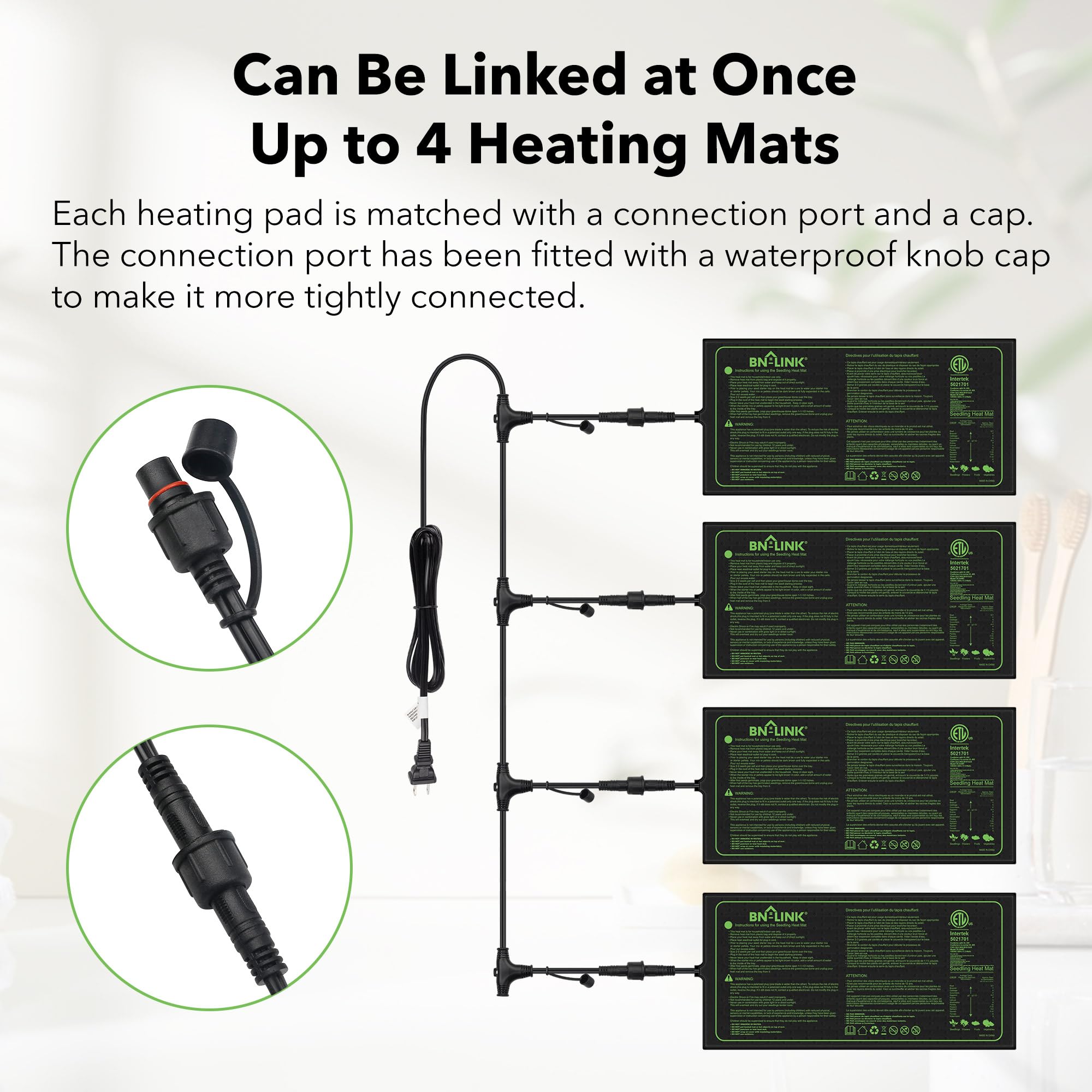 BN-LINK Seedling Heat Mat for Seed Starting 10" x 20.75", 4 Pack Daisy Chainable Waterproof Warming Mat Plant Heating Pad for Seed Germination, Indoor Growing, Hydroponic, Greenhouse, ETL Listed - image 3