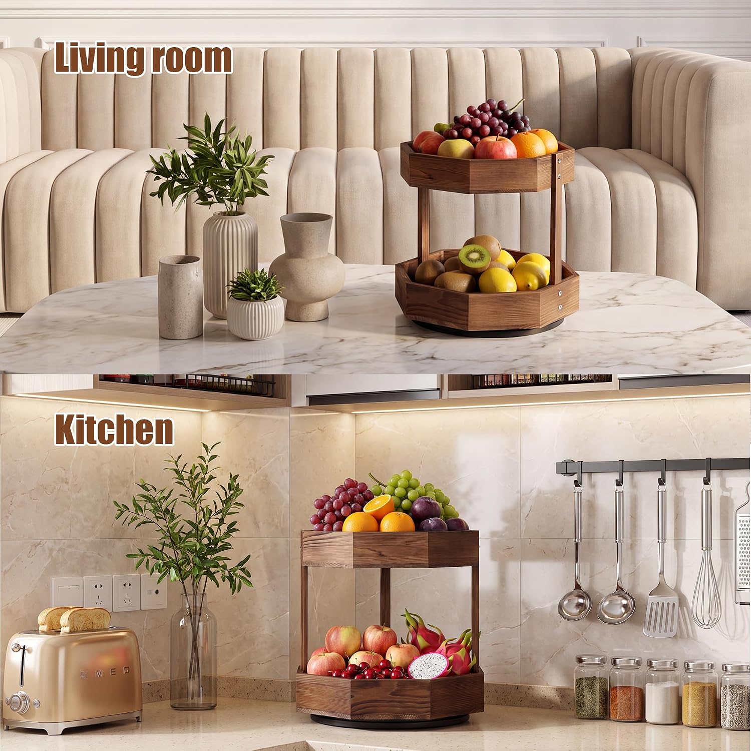 360° Rotation Wood Fruit Basket for Kitchen Counter , 2 Tier Fruit Bowl for Corner Space-Saving Fruit Stand Holder for Bread Fruit and Vegetable Storage Kitchen Countertop Organizer, Easy Assembly