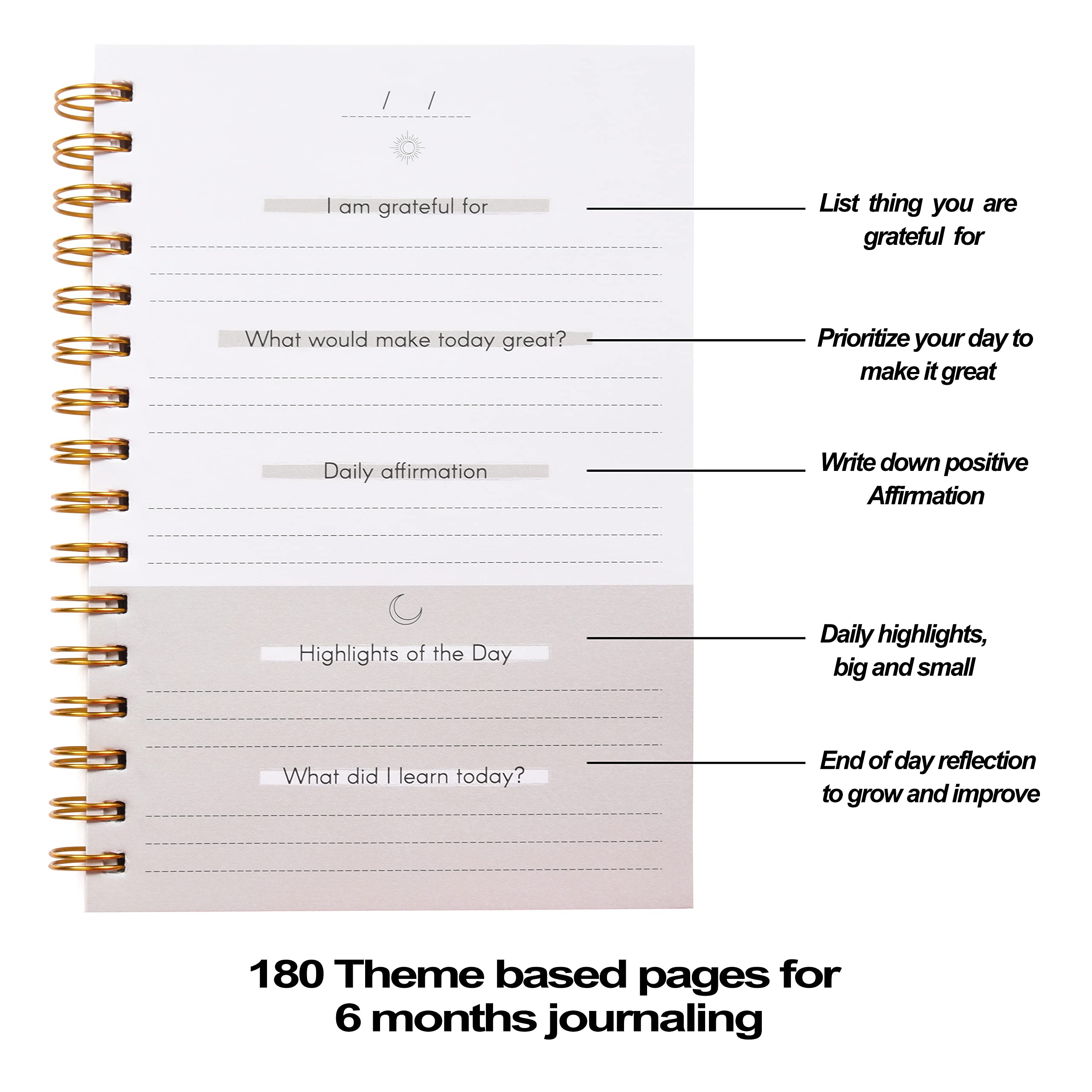 Papboo Diario de agradecimiento de cinco minutos para 6 meses, diario de afirmación, planificador, felicidad, positividad, cuidado personal, tamaño A5, espiral de tapa dura de papel de 100 g/m²,