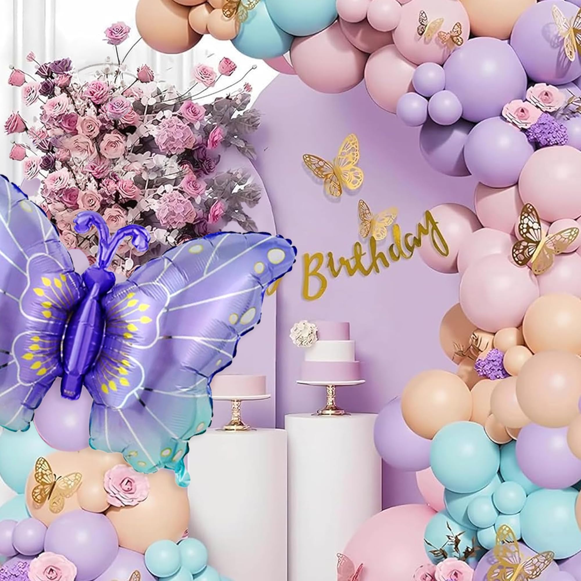 SpecialYou.in 76Pcs Birthday Party Decorations with Pastel Pink, Peach, Blue & Purple Balloons for Decor, Wall Stickers, Butterfly Decoration Items, Butterfly Foil Balloon 1