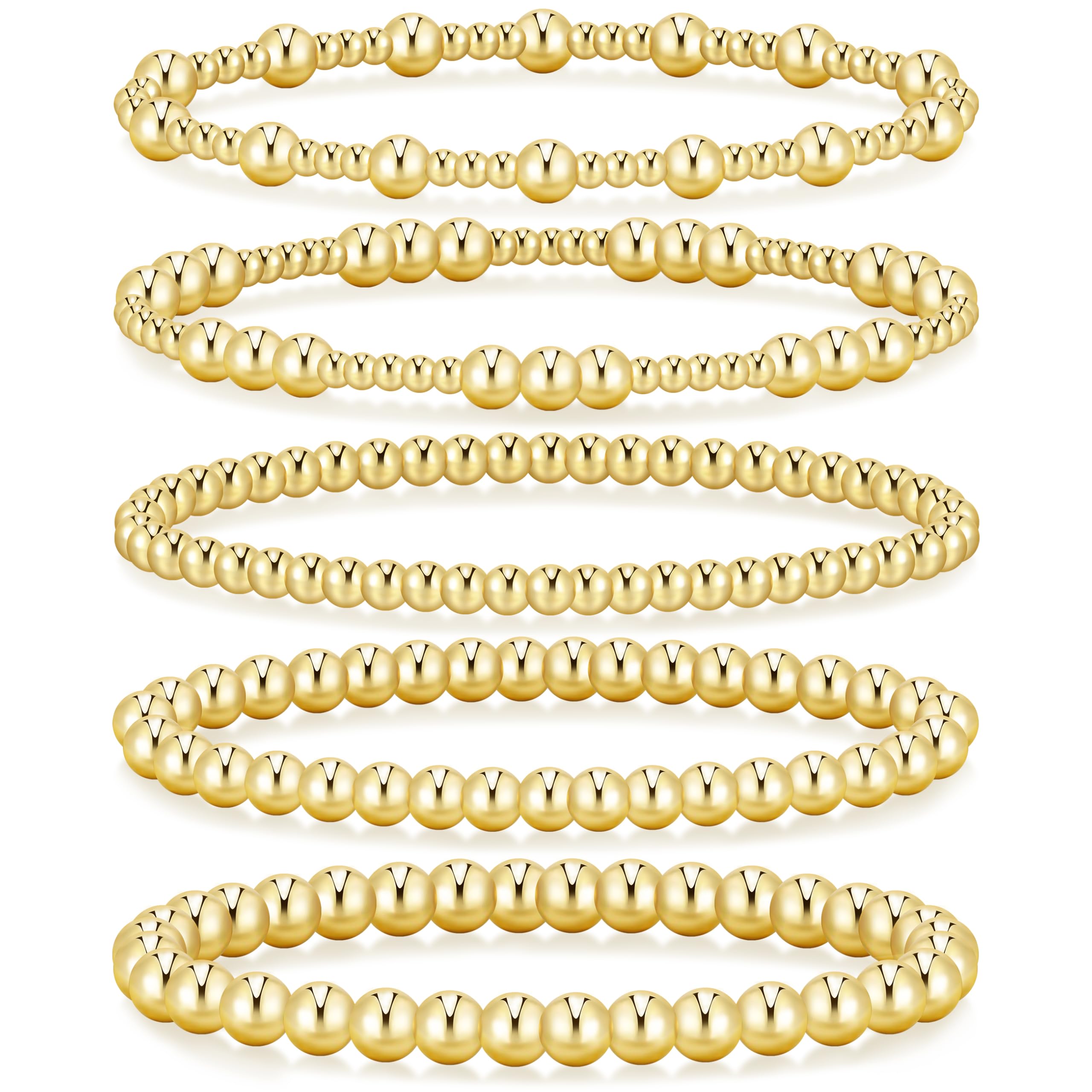 Gold Beaded Bracelets Set for Women, 14K Gold Plated Elastic Stretch Bead Bracelet Stack 5 Pcs 6"-7.5"
